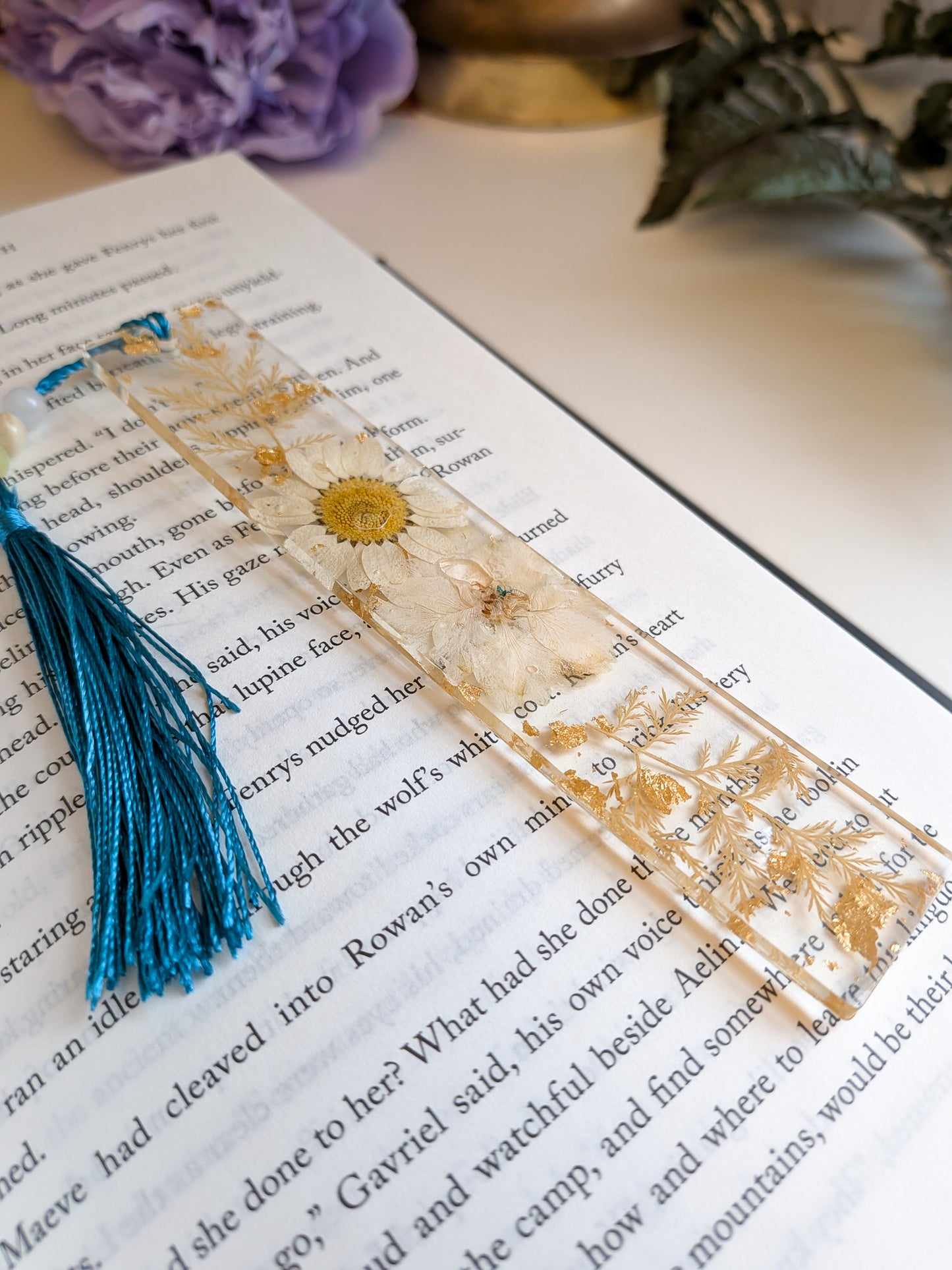 Blue and Gold Floral Bookmark with Gemstone Tassel