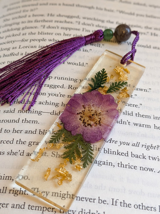 Purple and Gold Botanical Bookmark with Aventurine and Jasper