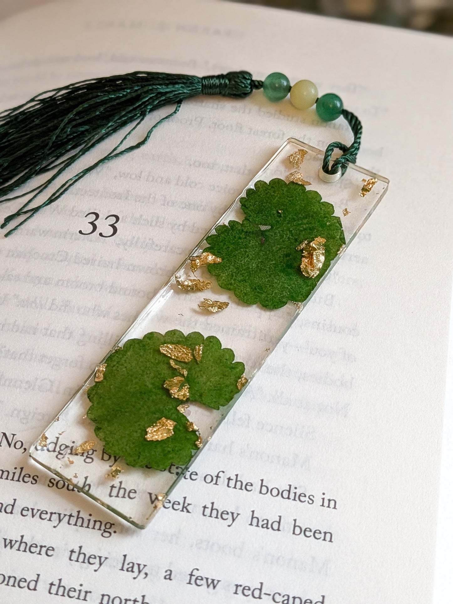 Green and Gold Botanical Bookmark with Aventurine and Serpentine