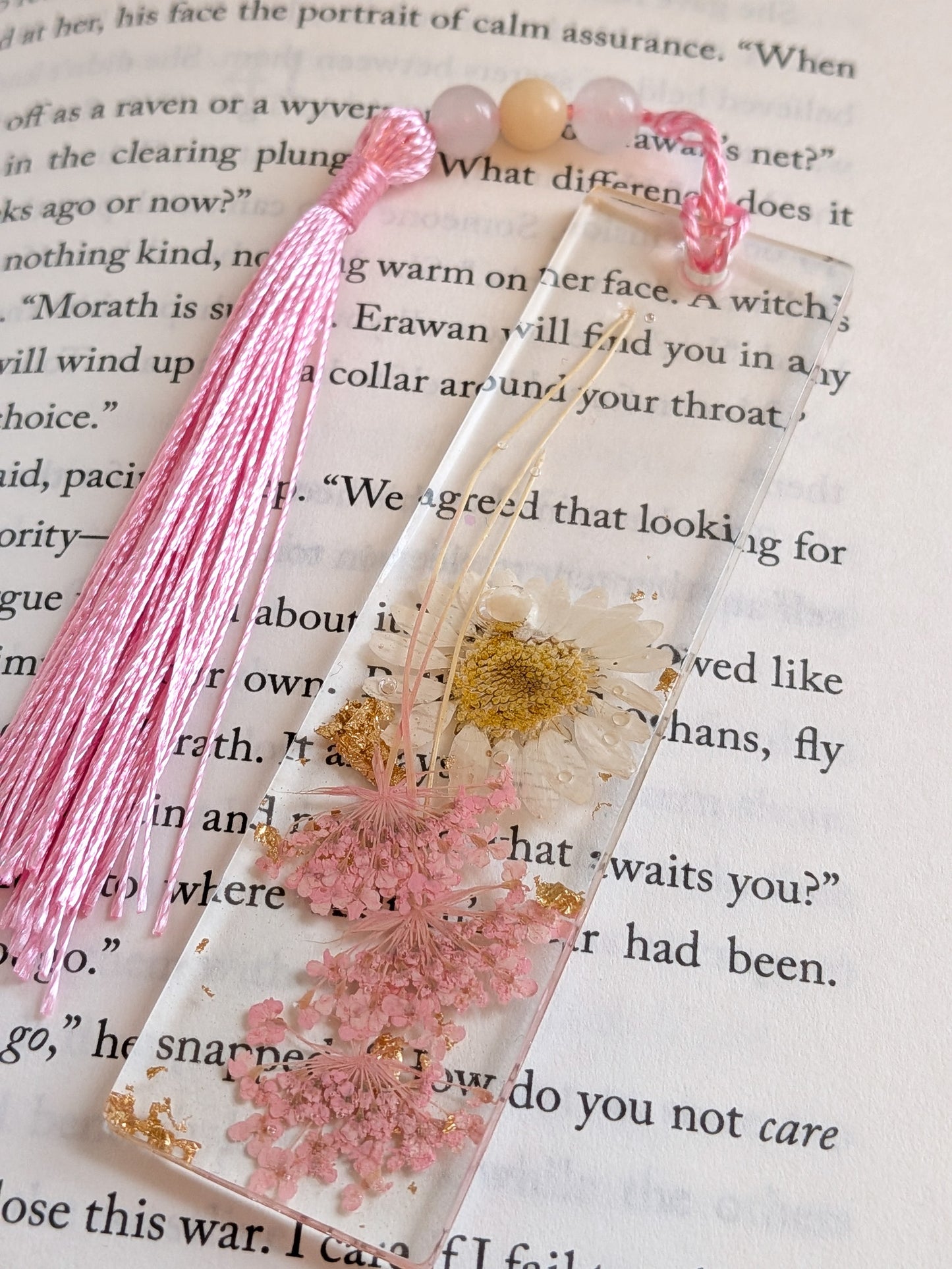 Pink Floral Bookmark with Rose Quartz and Jade Beads