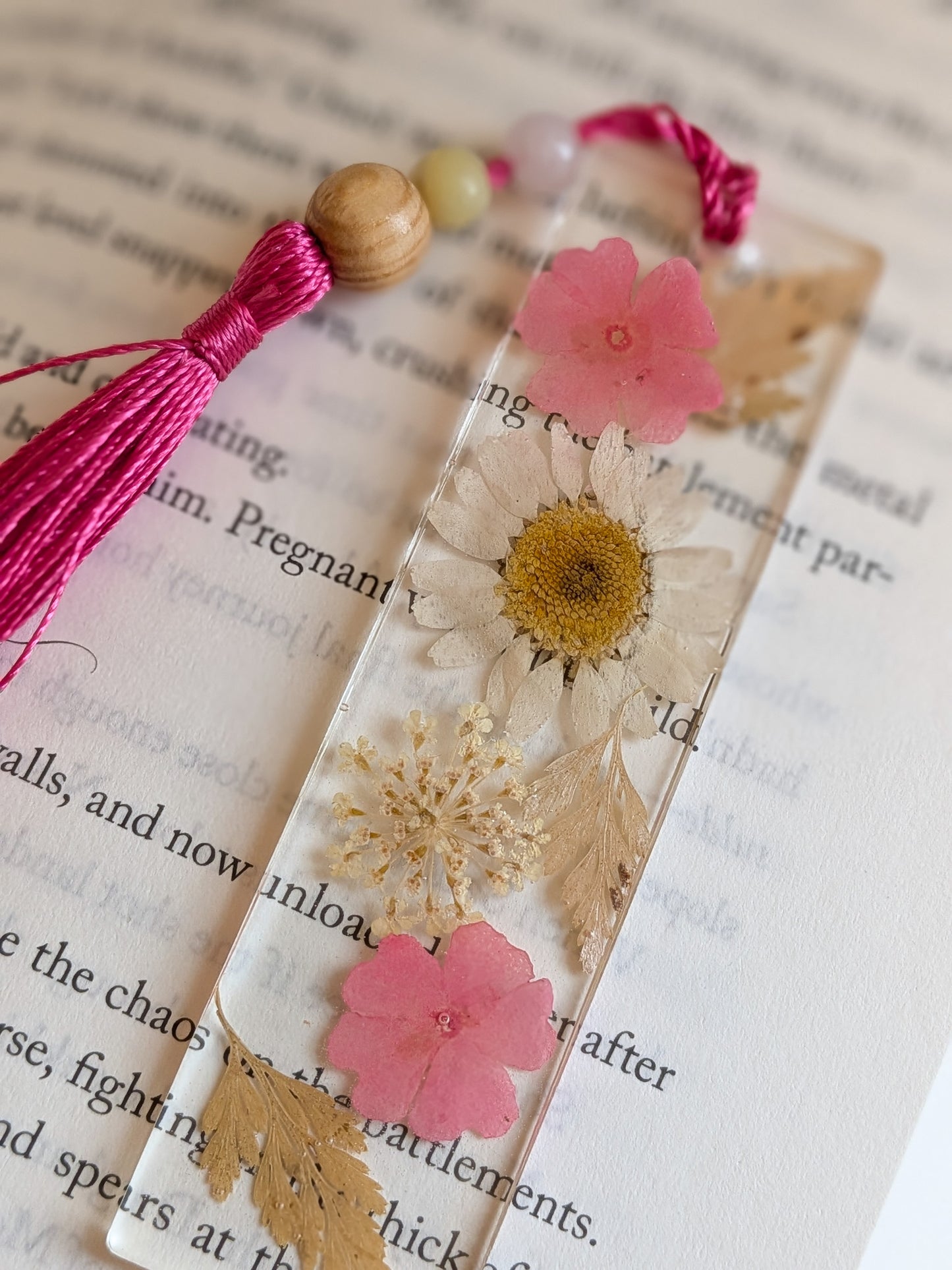 Pink Floral Bookmark with Rose Quartz and Jade