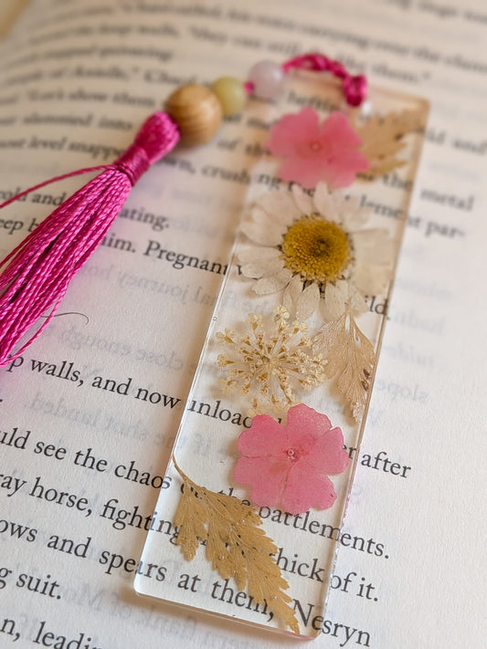 Pink Floral Bookmark with Rose Quartz and Jade