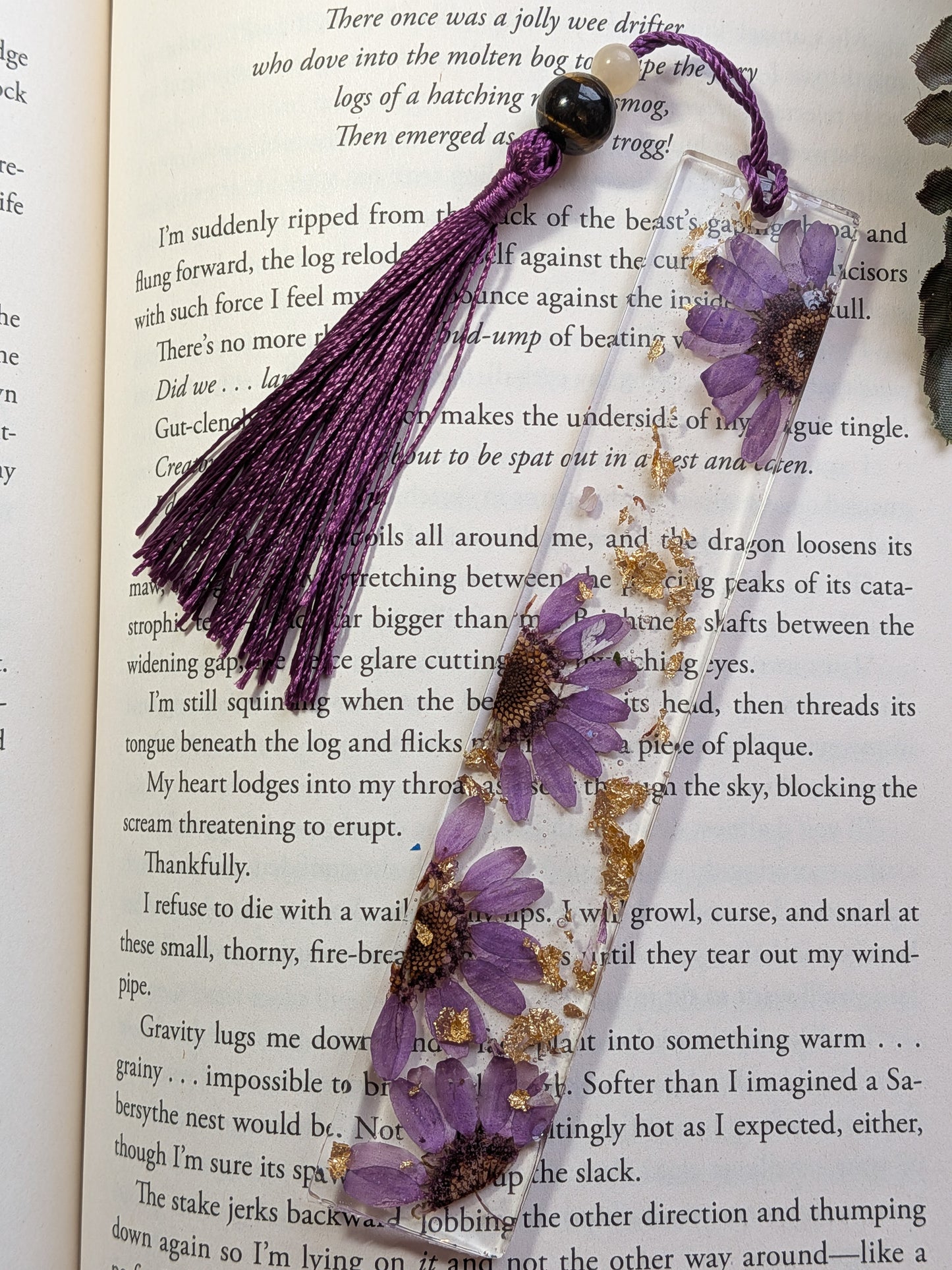 Purple and Gold Floral Bookmark with Tigers Eye and Jade