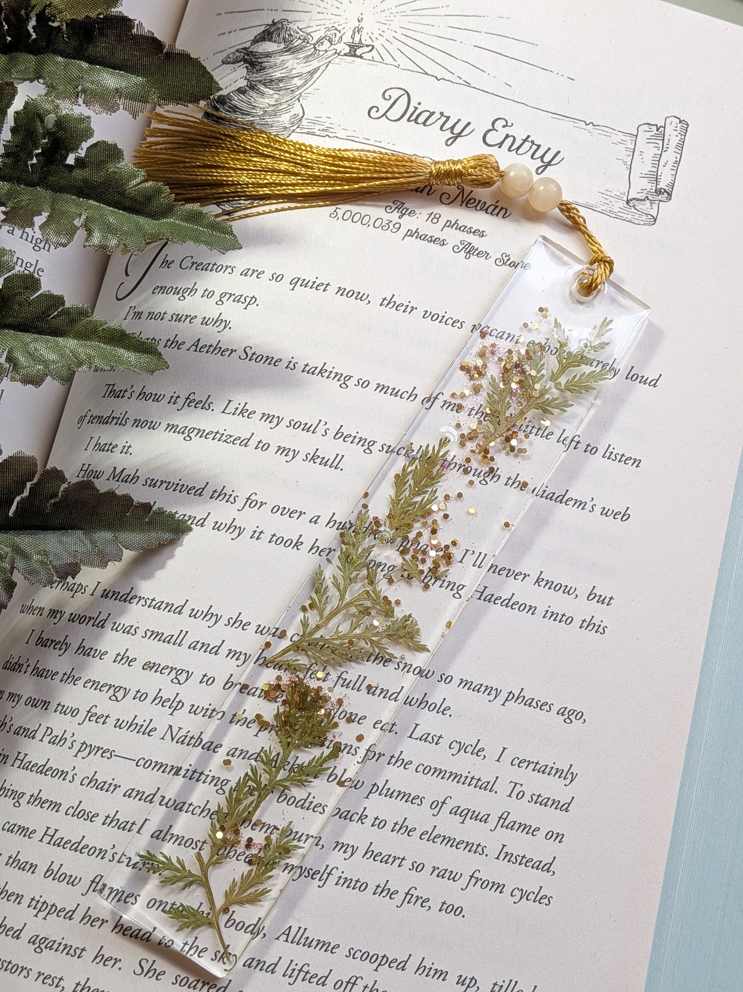 Gold Botanical Bookmark with Serpentine and Jade
