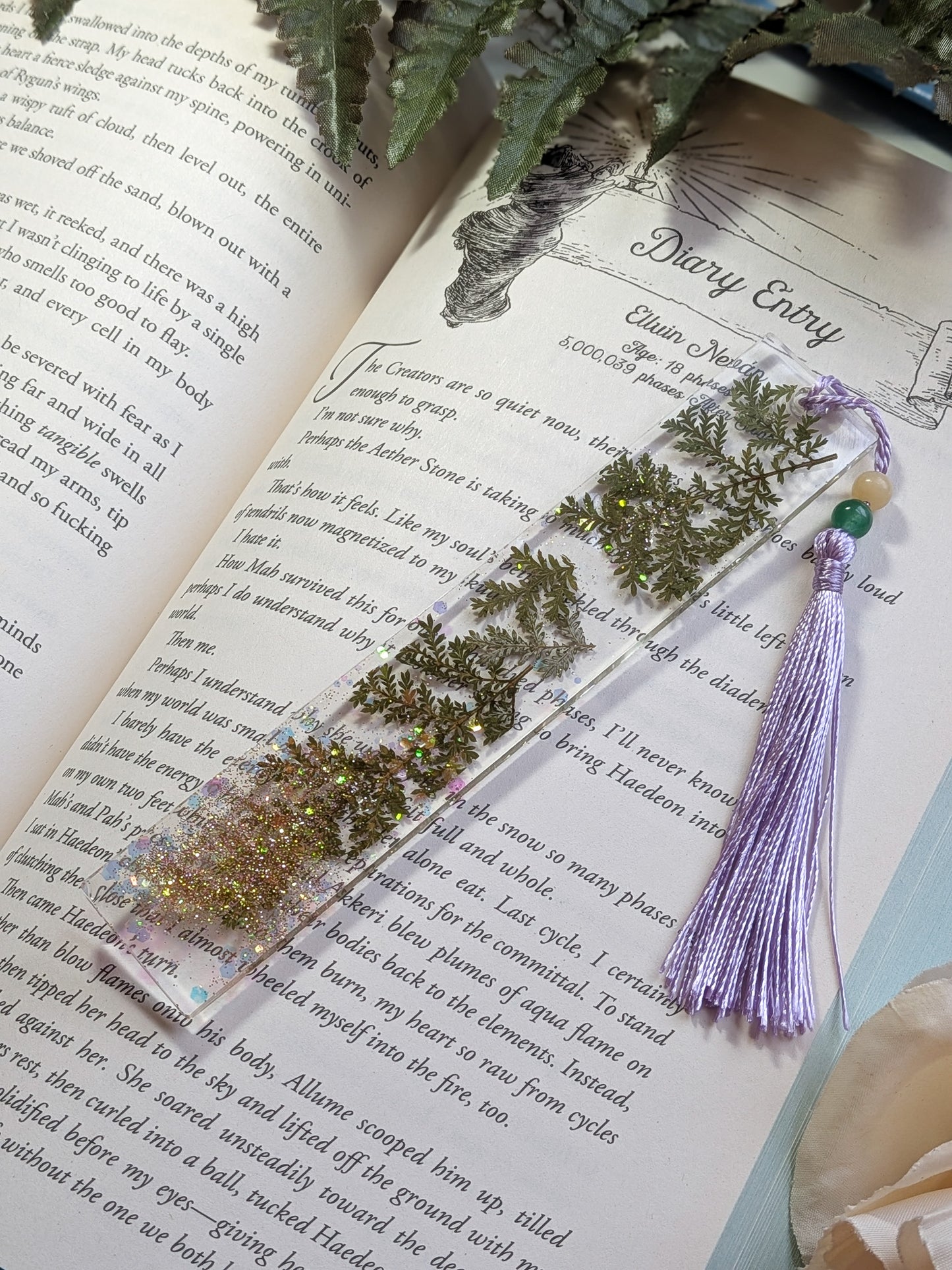 Purple Botanical Bookmark with Yellow Jade and Aventurine