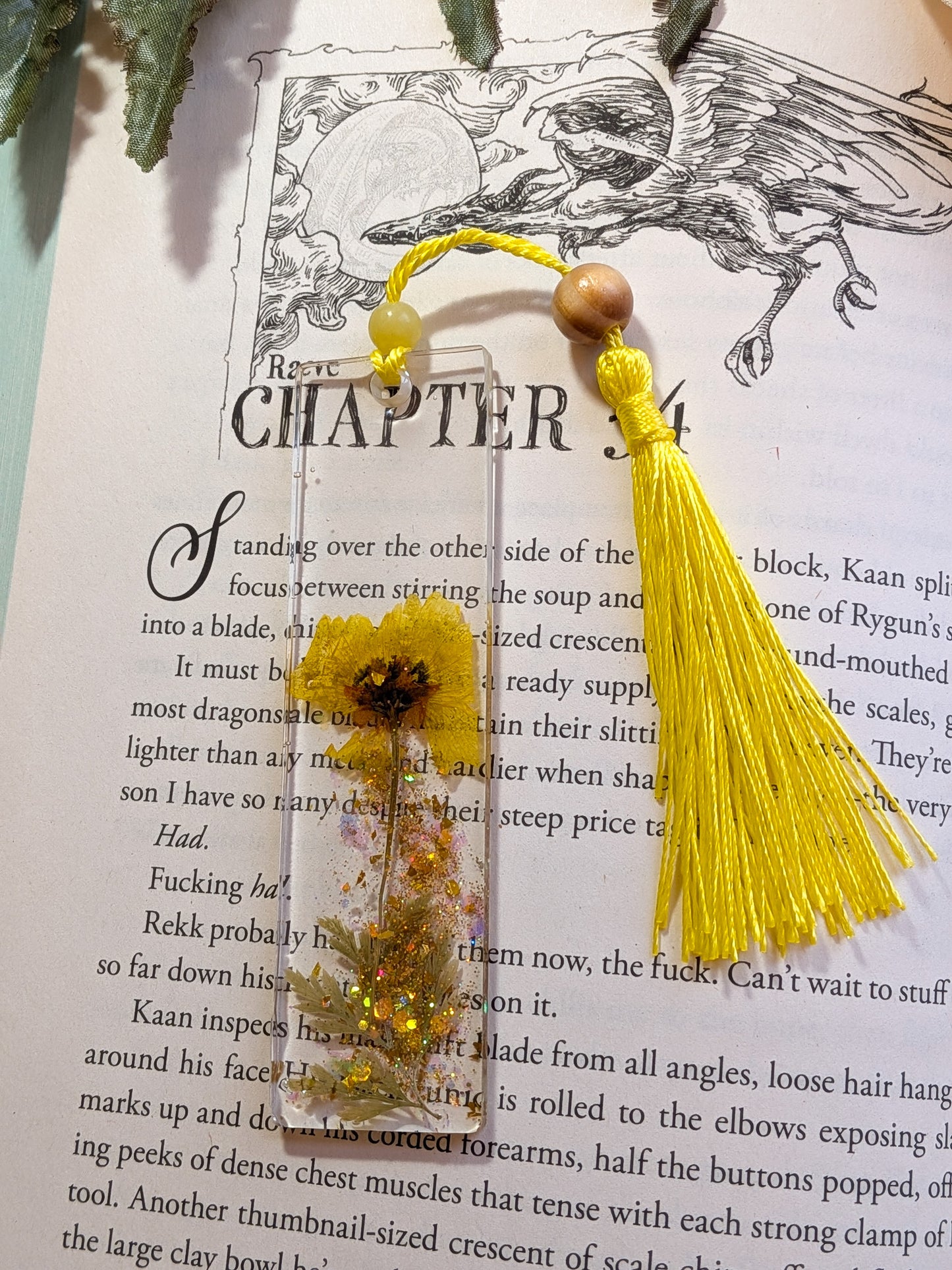 Yellow Floral Bookmark with Serpentine Gemstone