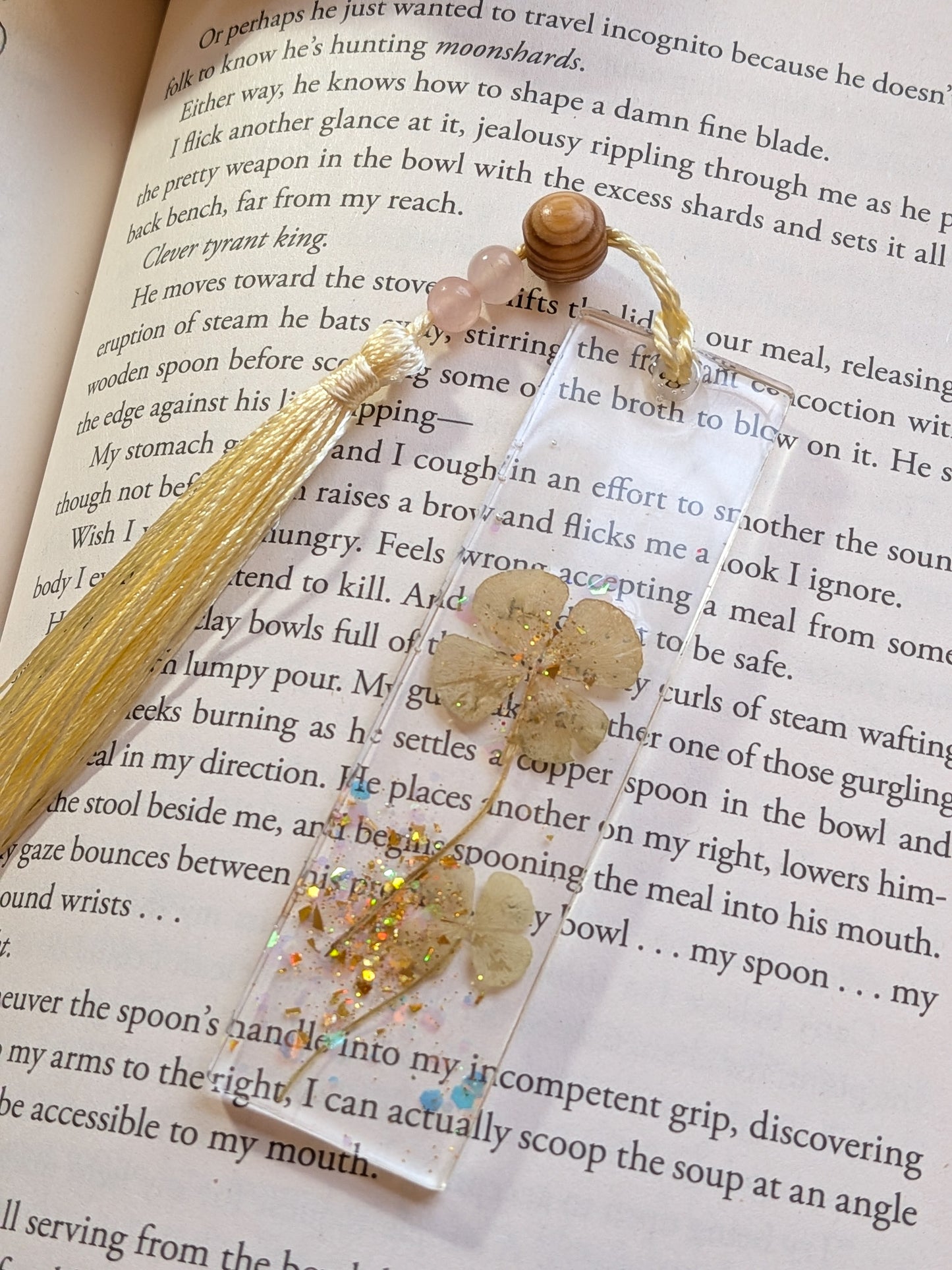 Gold Clover Bookmark with Rose Quartz