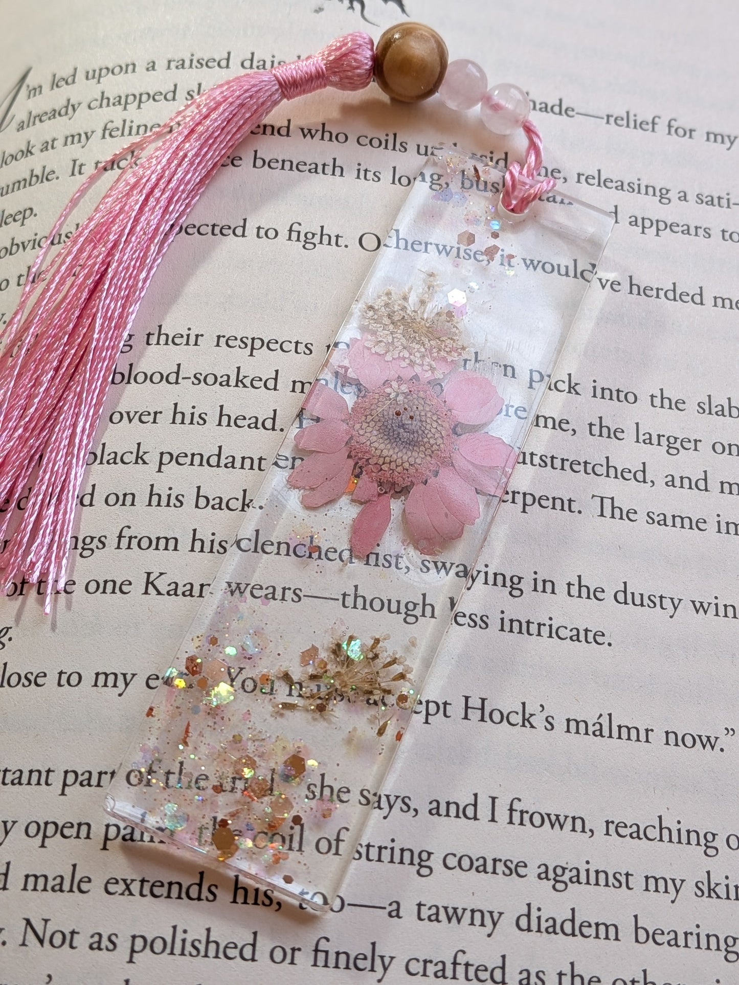 Pink Floral Bookmark with Rose Quartz