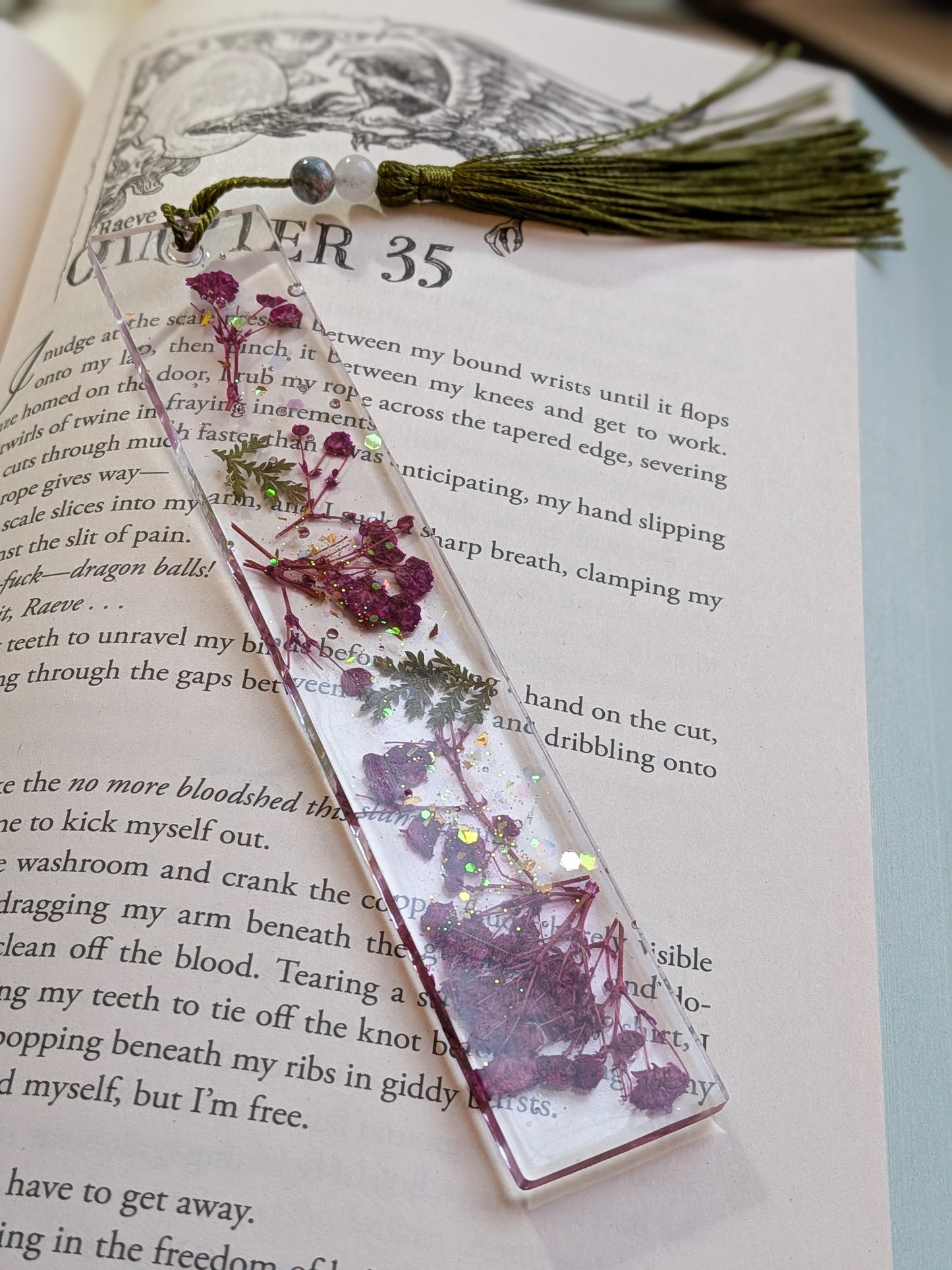 Purple and Green Floral Bookmark with Quartz and Calcite