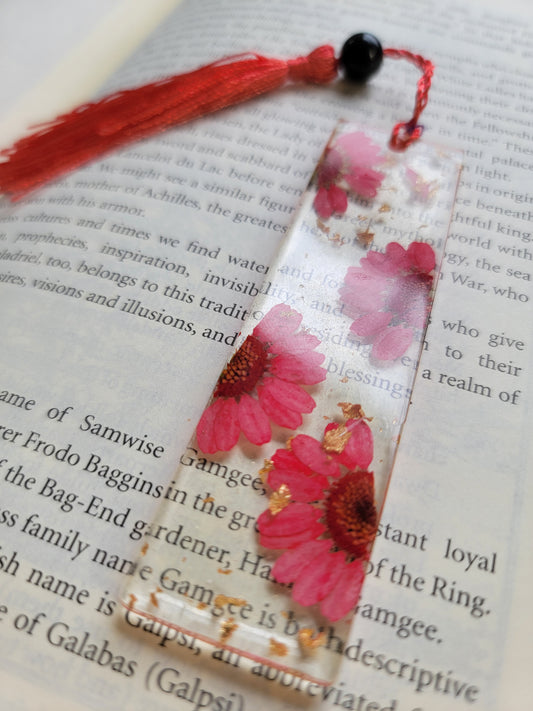 Red Floral Bookmark with Black Obsidian