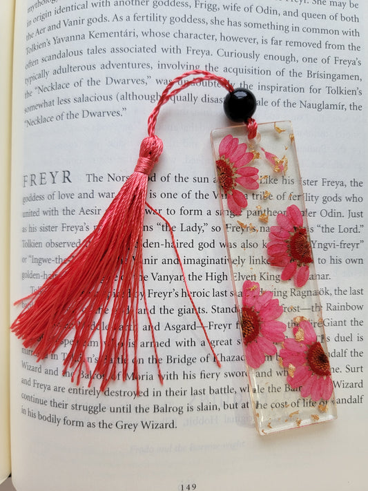 Red Floral Bookmark with Black Obsidian