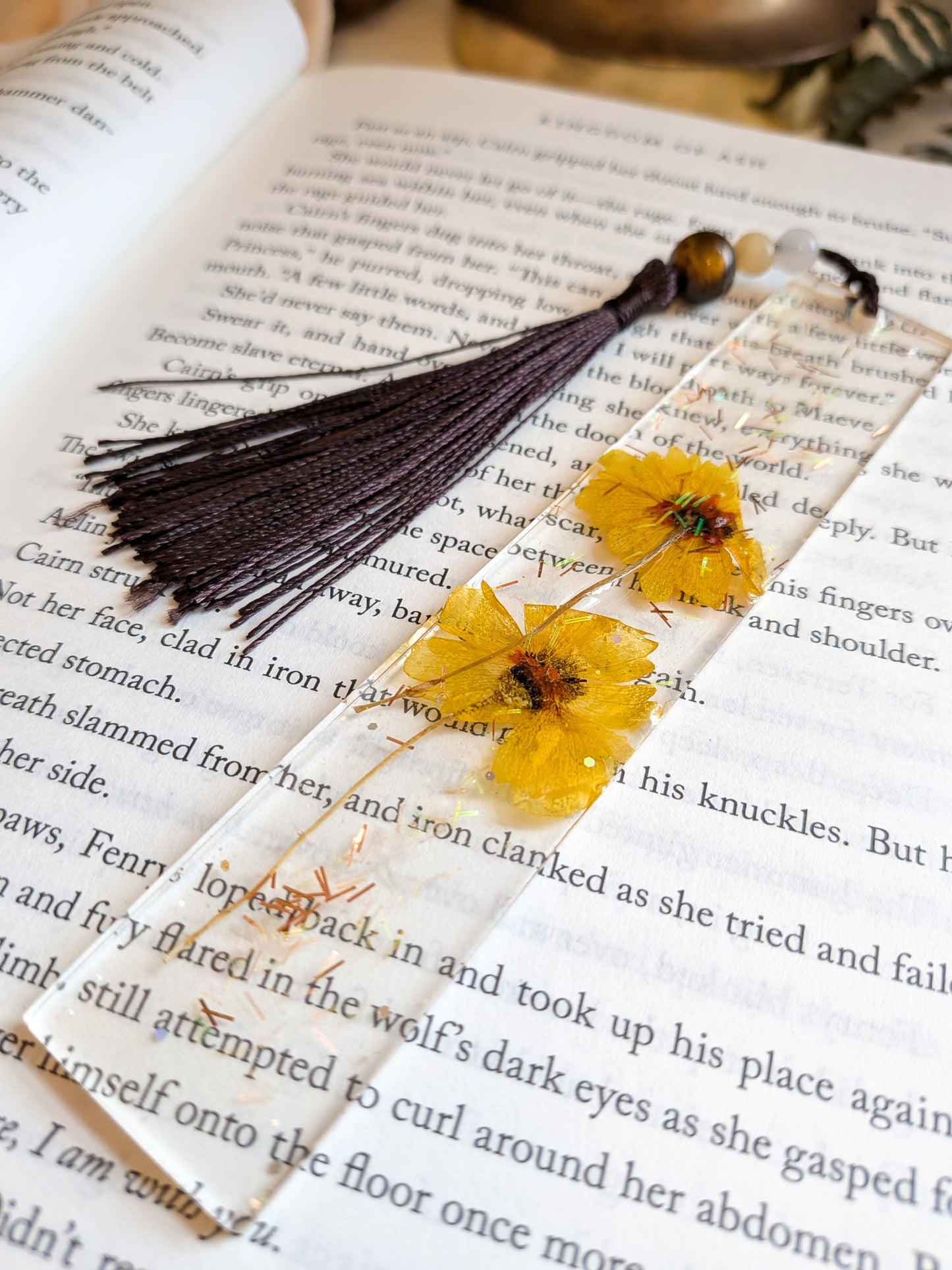 Bronze and Yellow Floral Bookmark with Quartz and Jade