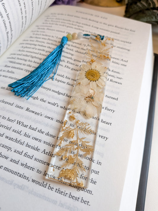 Blue and Gold Floral Bookmark with Gemstone Tassel