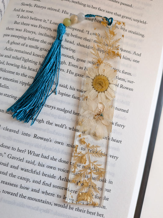Blue and Gold Floral Bookmark with Gemstone Tassel