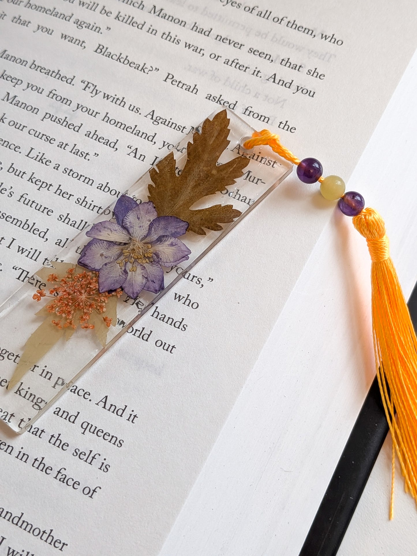 Purple and Orange Floral Bookmark with Amethyst and Yellow Jade