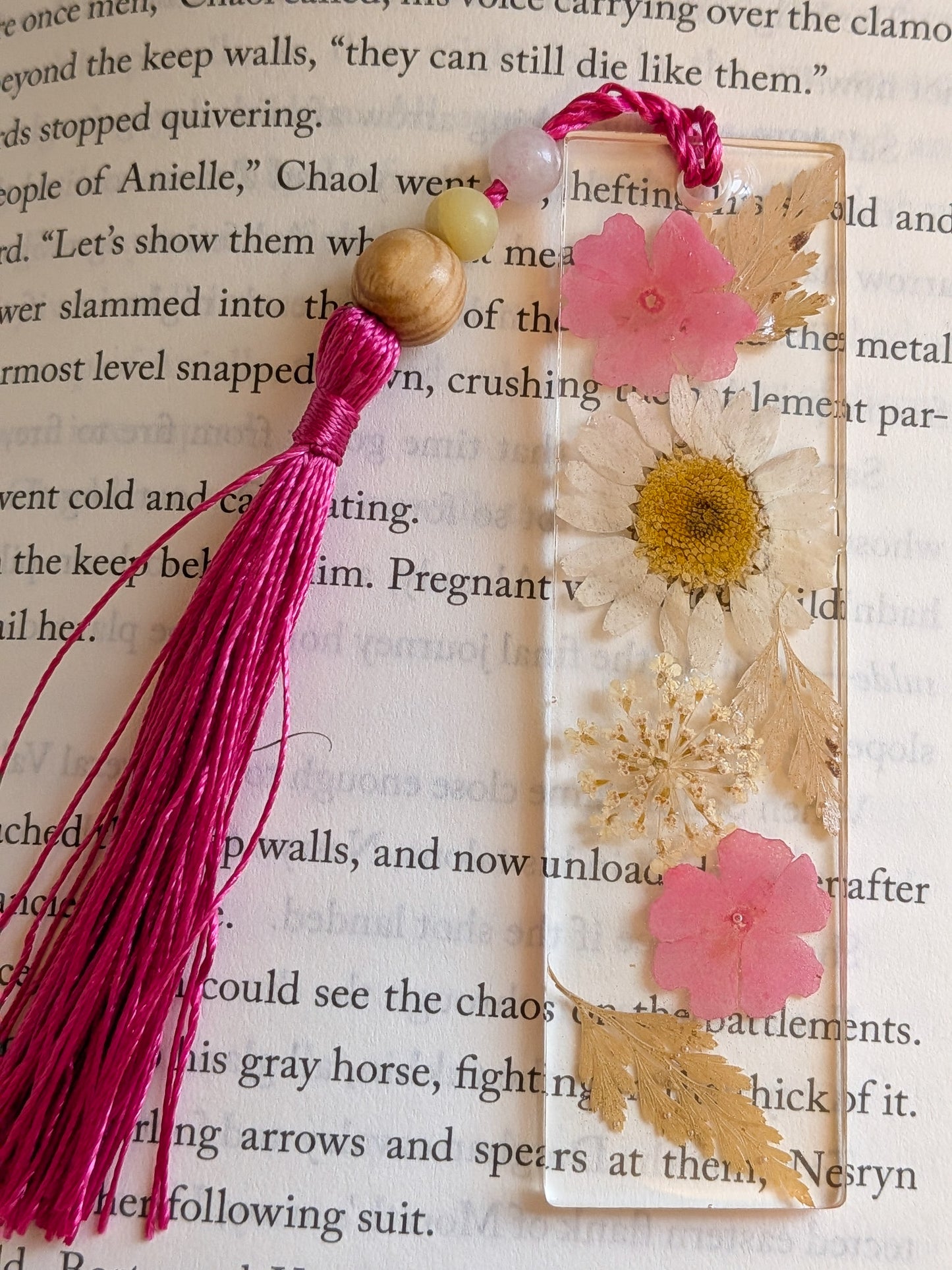 Pink Floral Bookmark with Rose Quartz and Jade