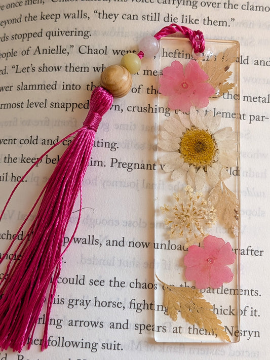 Pink Floral Bookmark with Rose Quartz and Jade