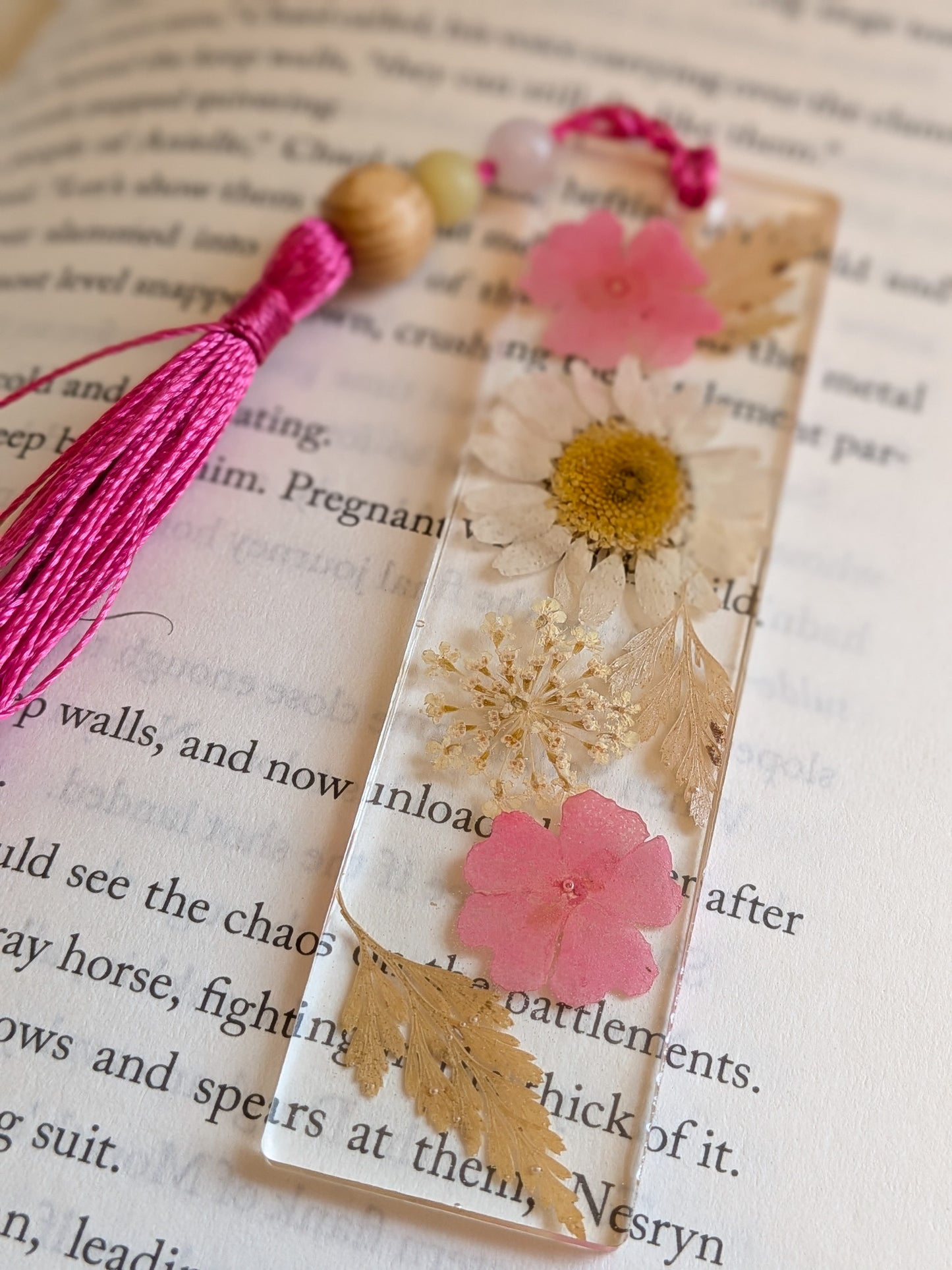 Pink Floral Bookmark with Rose Quartz and Jade