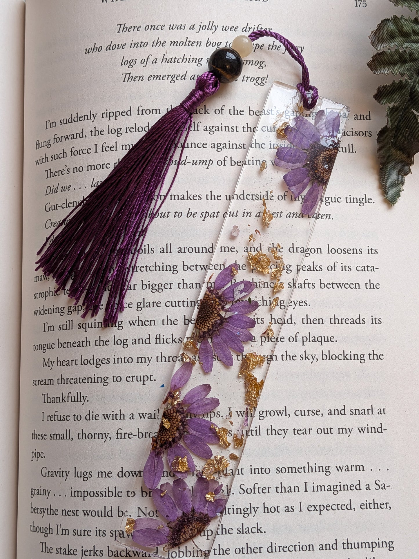 Purple and Gold Floral Bookmark with Tigers Eye and Jade