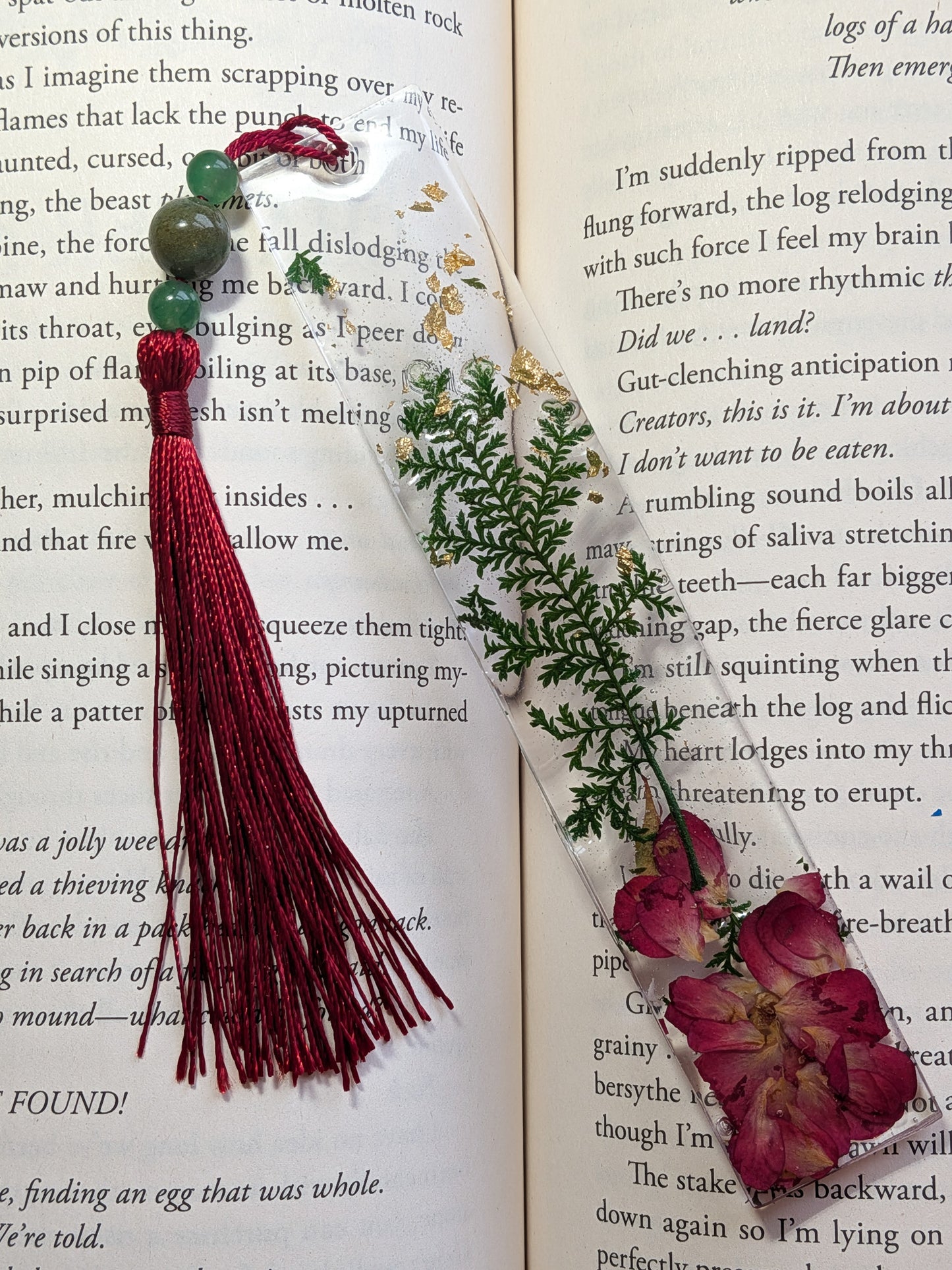 Red and Green Botanical Bookmark with Aventurine and Jasper Gemstones