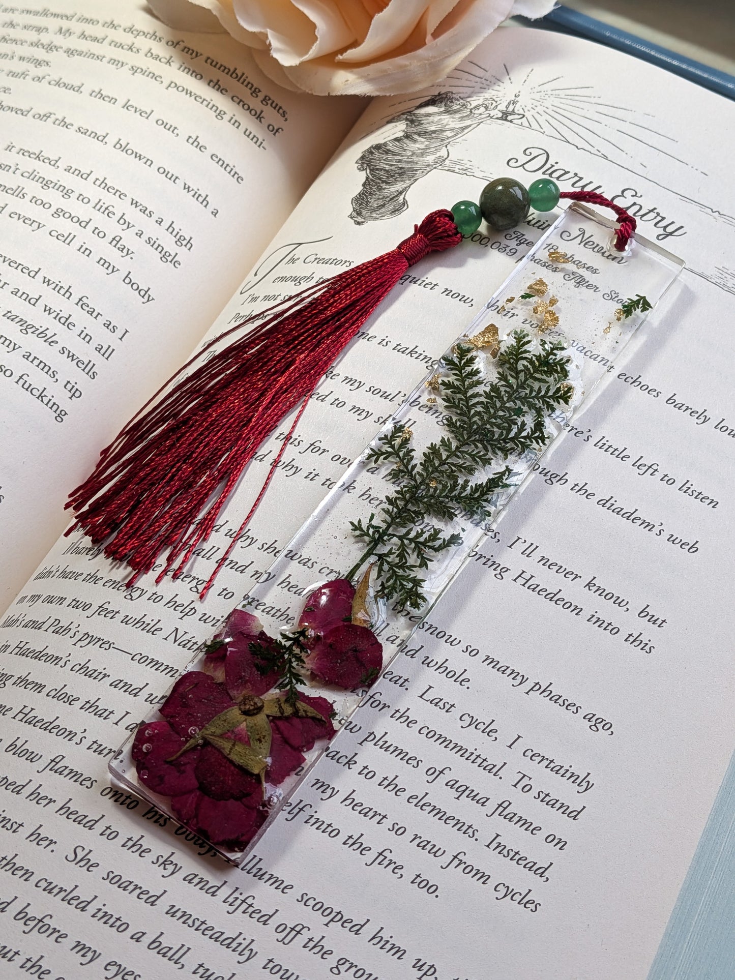 Red and Green Botanical Bookmark with Aventurine and Jasper Gemstones