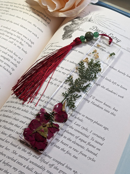 Red and Green Botanical Bookmark with Aventurine and Jasper Gemstones