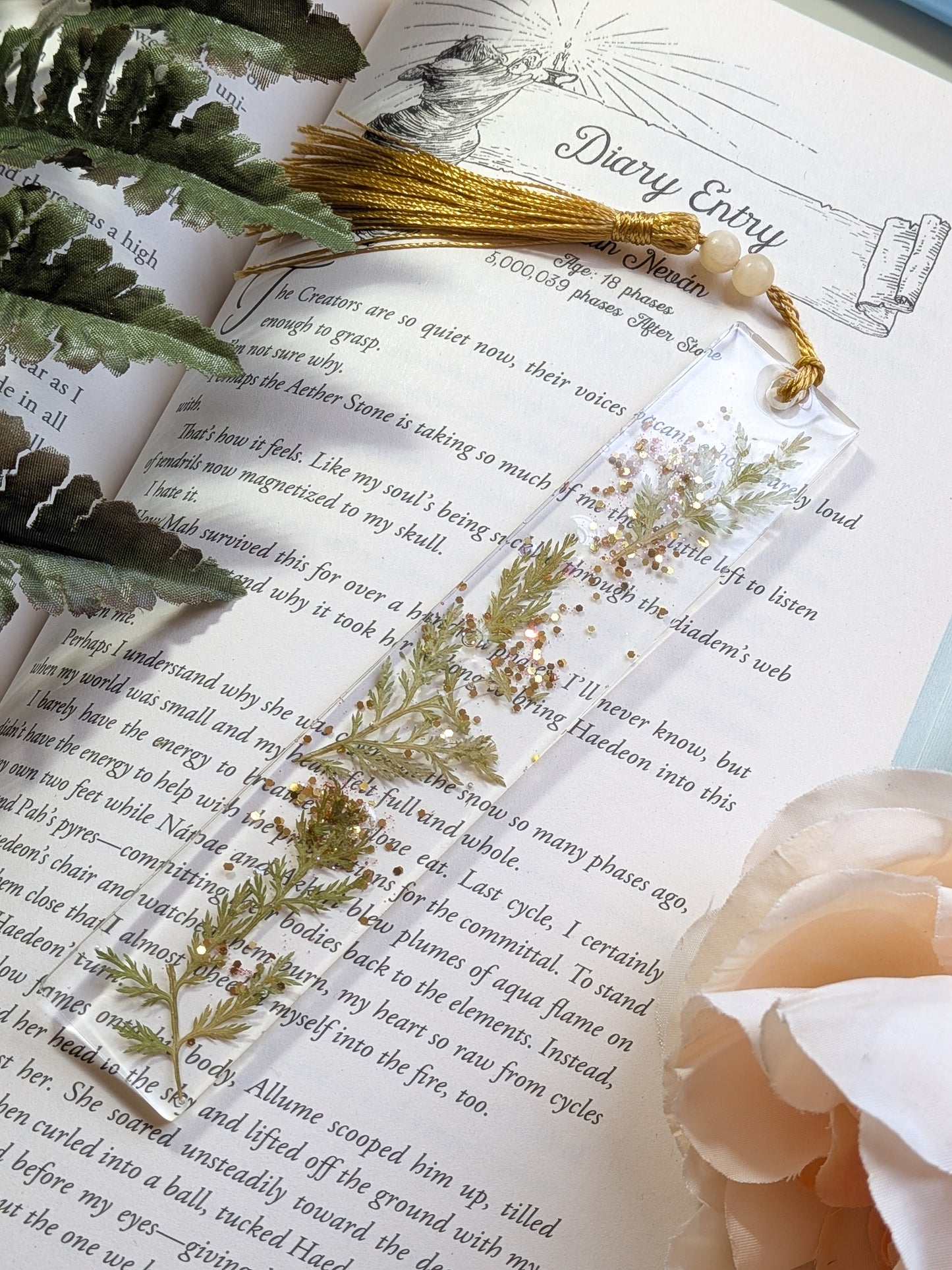 Gold Botanical Bookmark with Serpentine and Jade