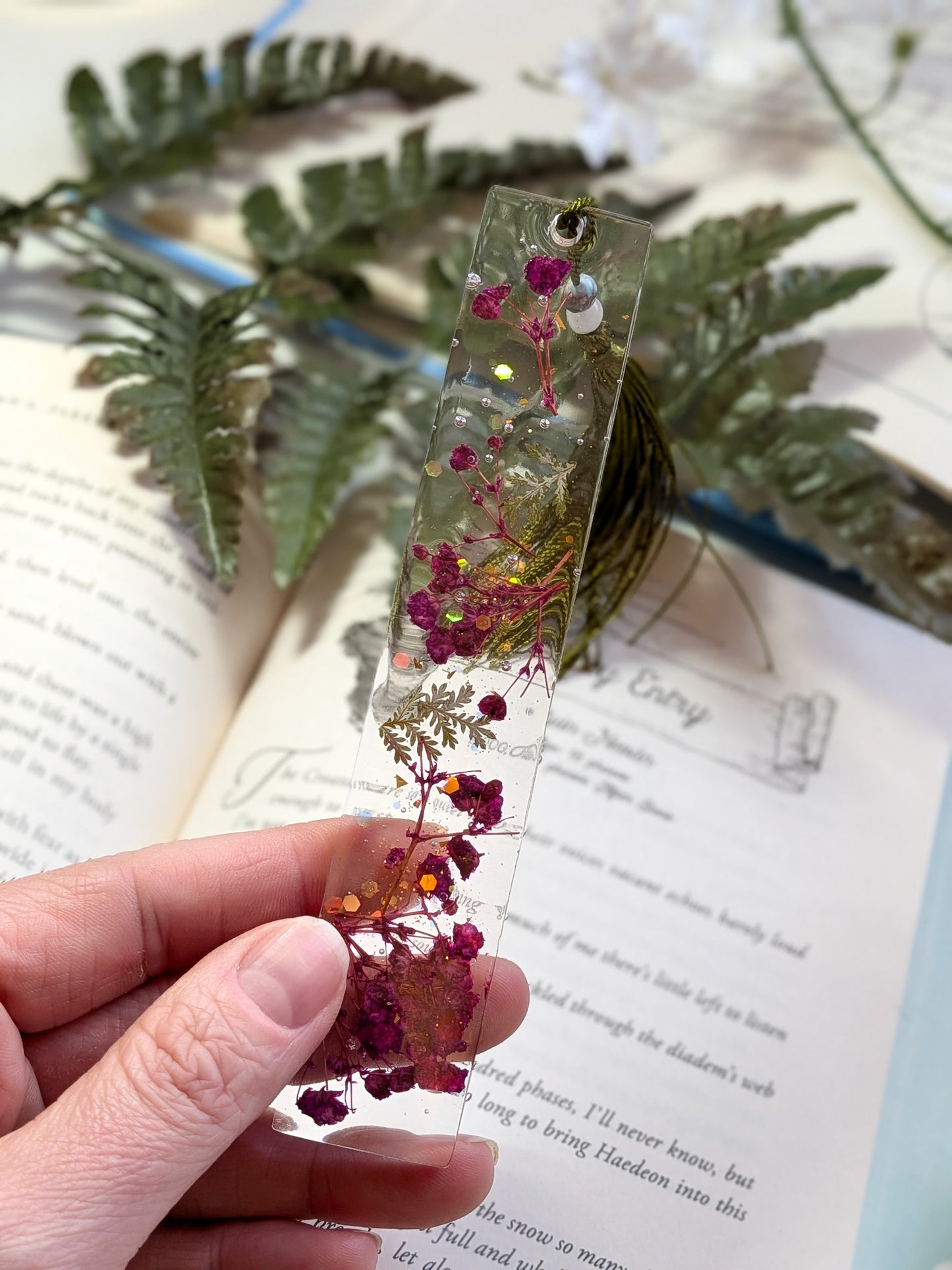 Purple and Green Floral Bookmark with Quartz and Calcite