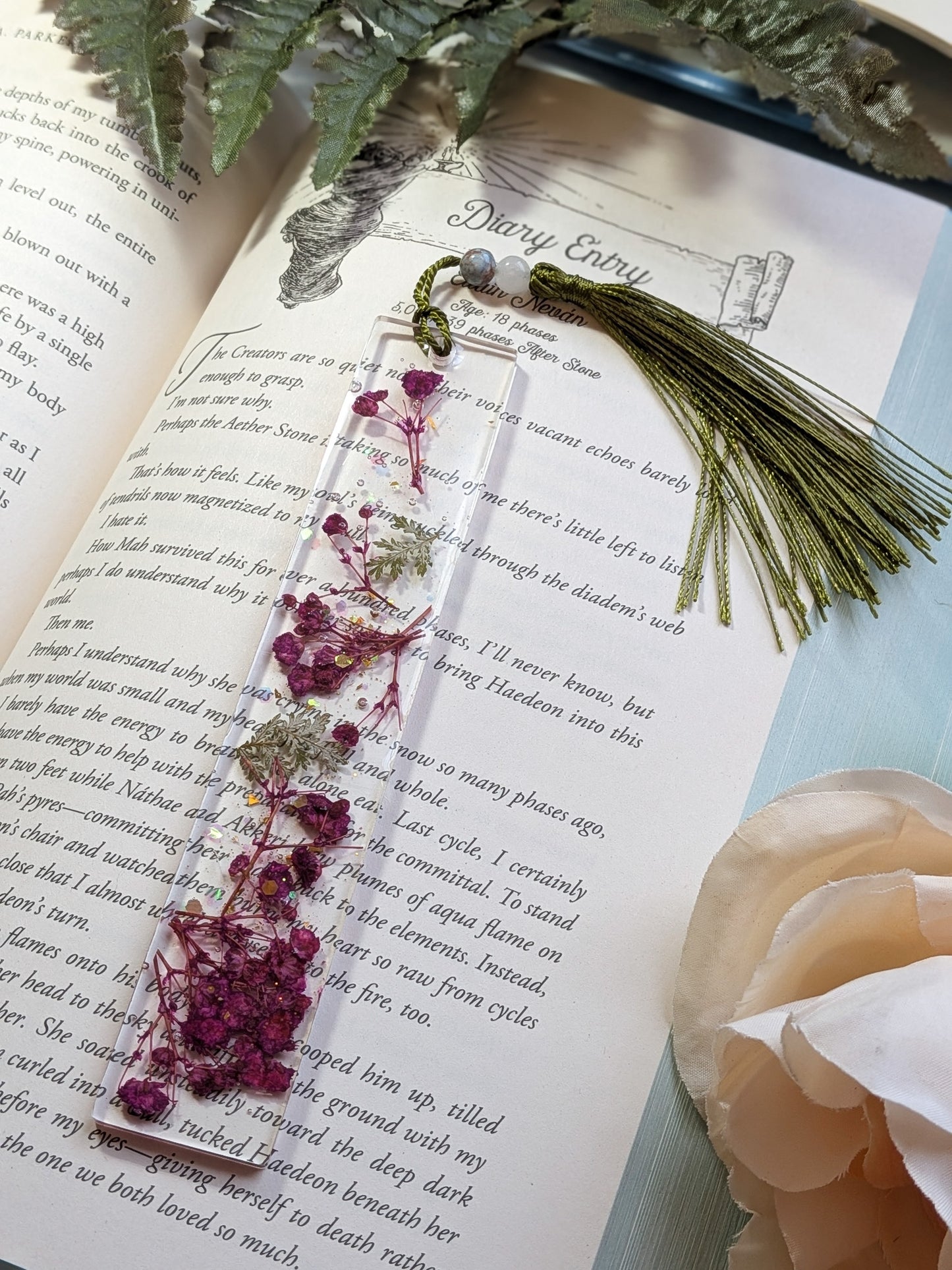 Purple and Green Floral Bookmark with Quartz and Calcite