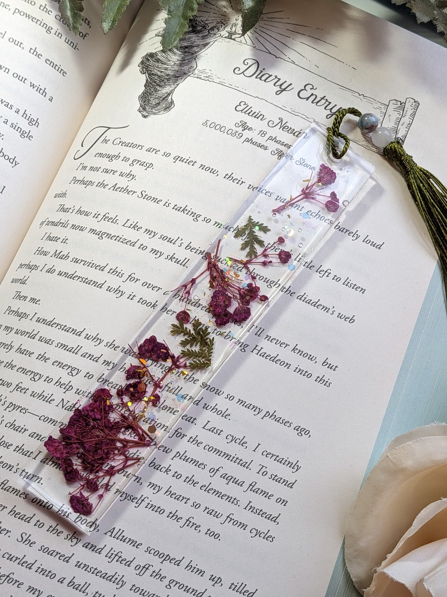 Purple and Green Floral Bookmark with Quartz and Calcite
