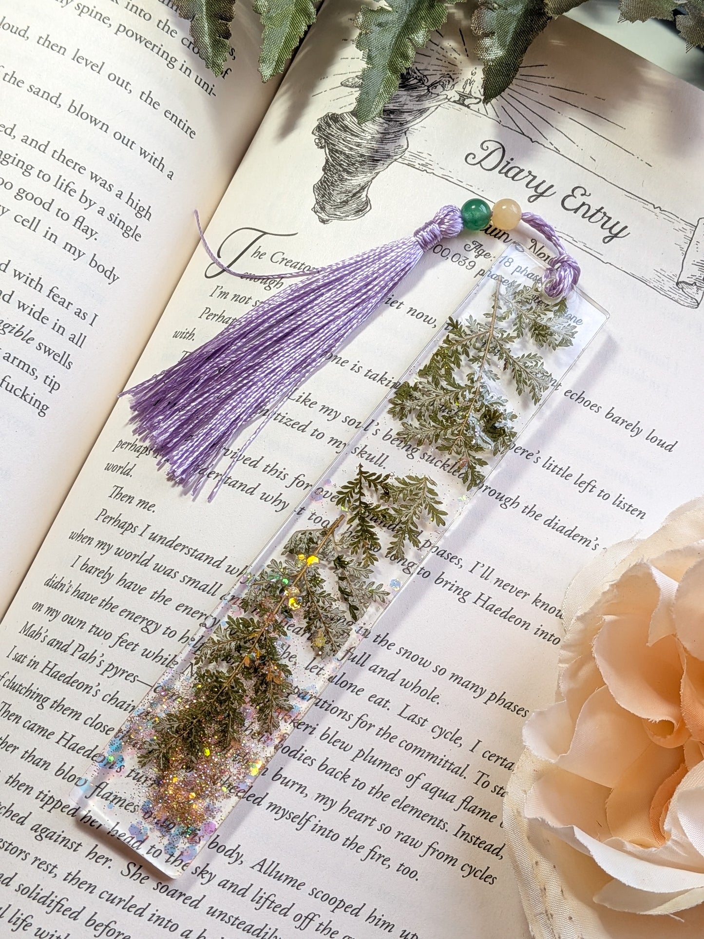 Purple Botanical Bookmark with Yellow Jade and Aventurine