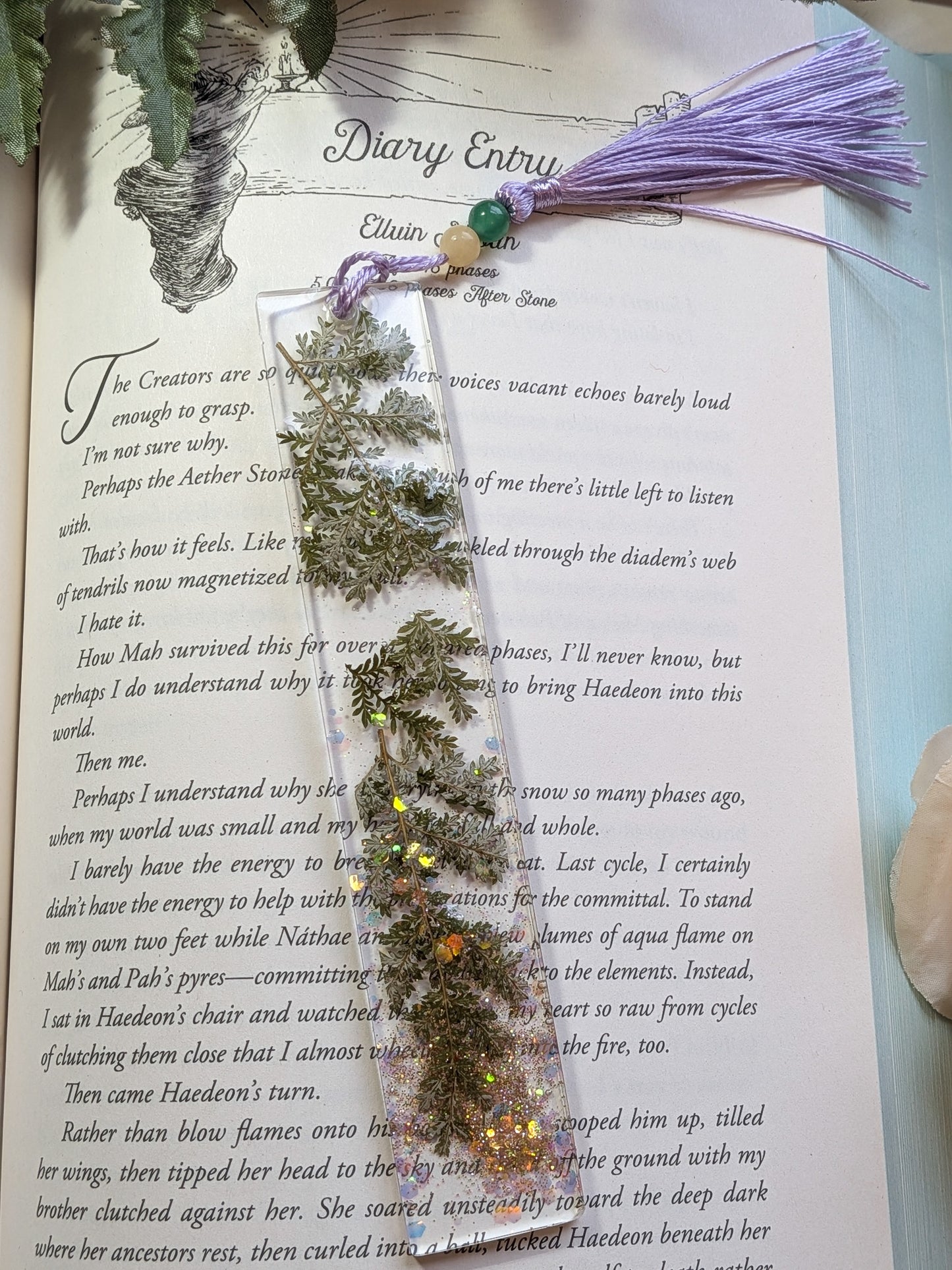 Purple Botanical Bookmark with Yellow Jade and Aventurine