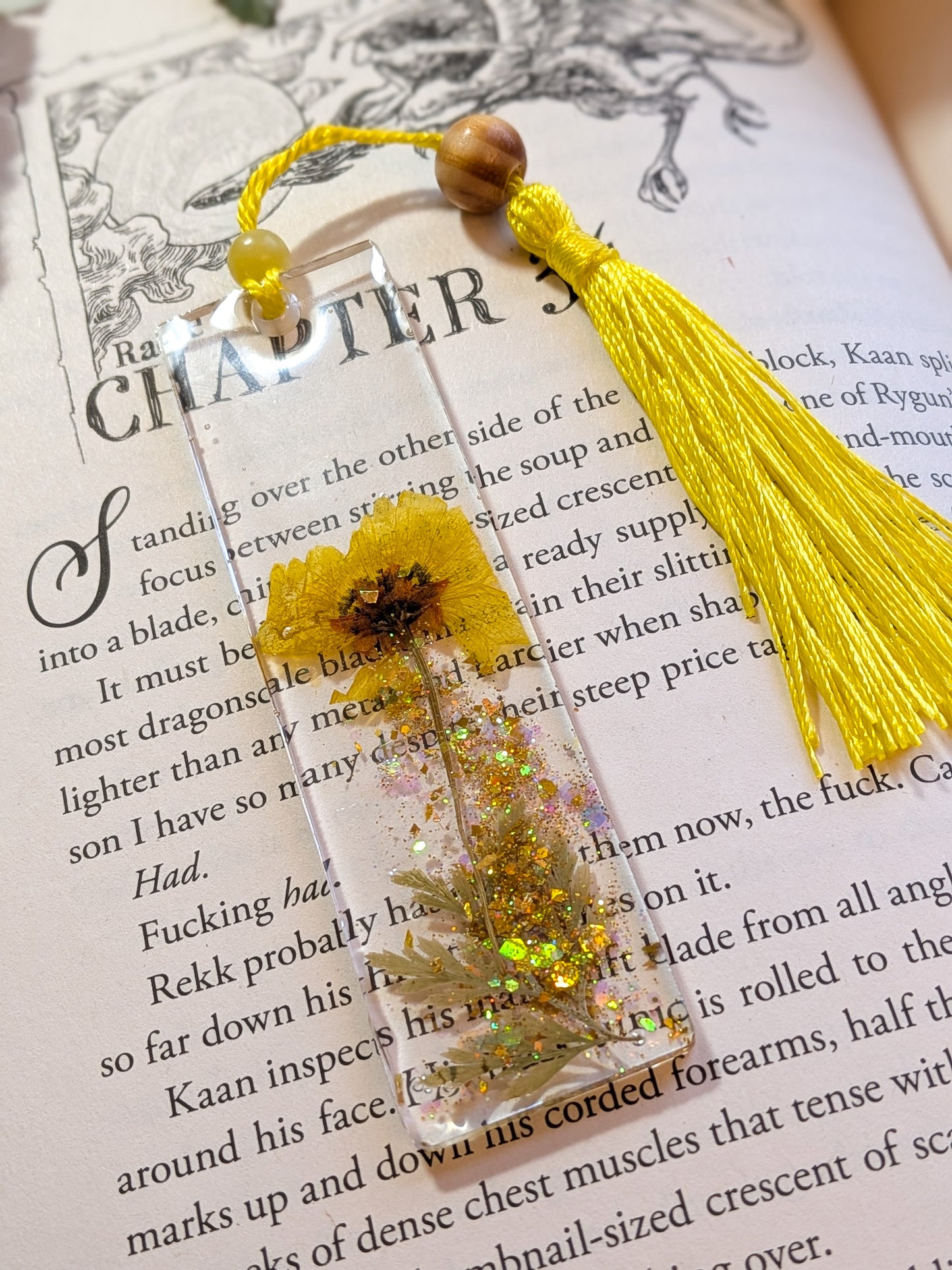 Yellow Floral Bookmark with Serpentine Gemstone