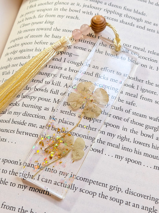 Gold Clover Bookmark with Rose Quartz
