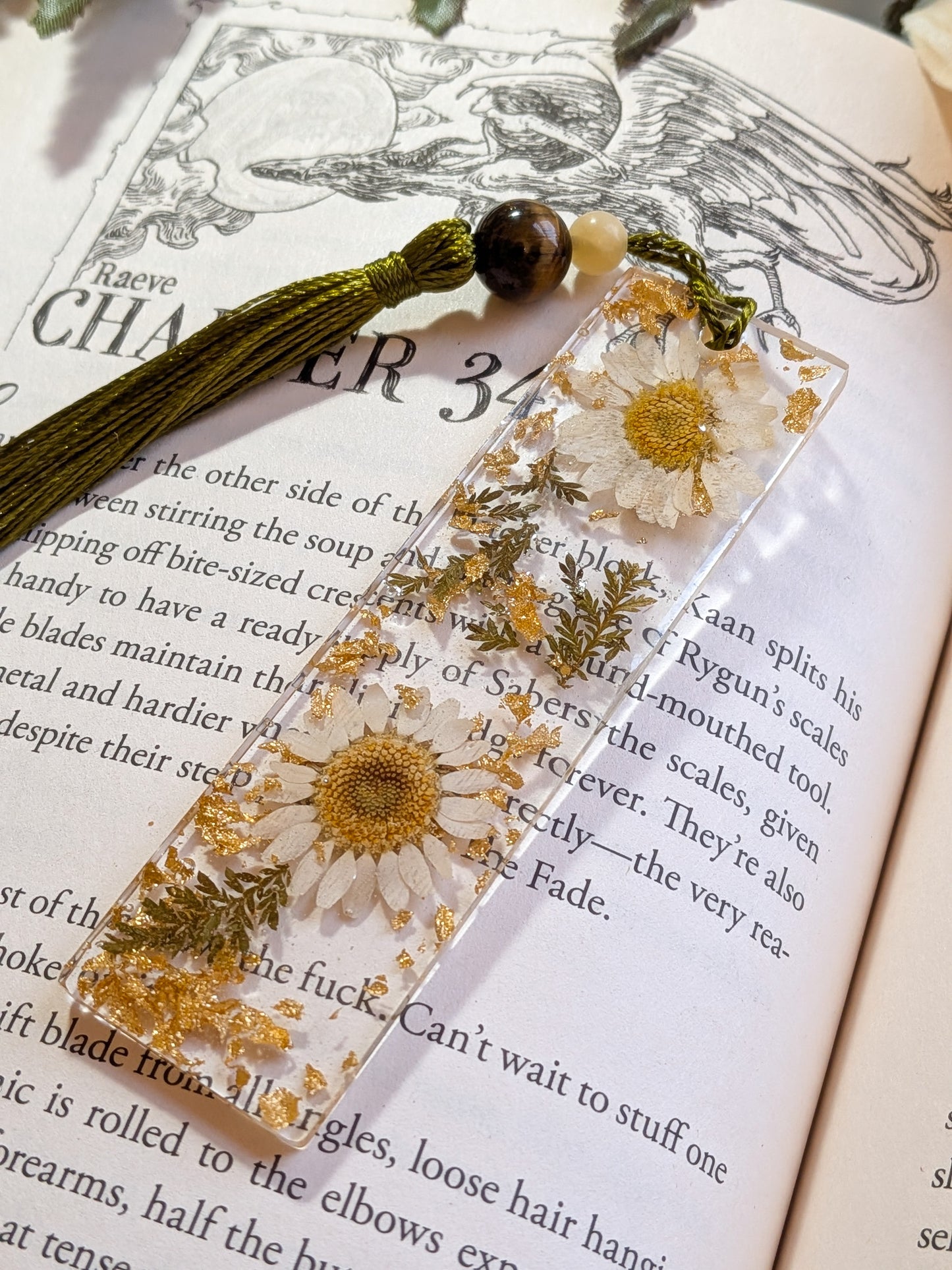 Green and Gold Floral Bookmark with Tiger-eye and Yellow Jade