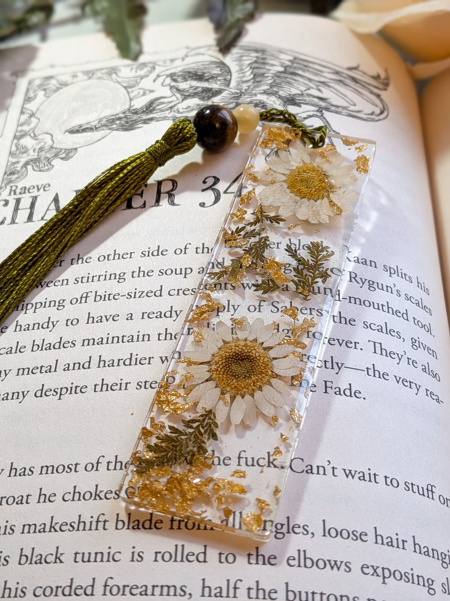 Green and Gold Floral Bookmark with Tiger-eye and Yellow Jade
