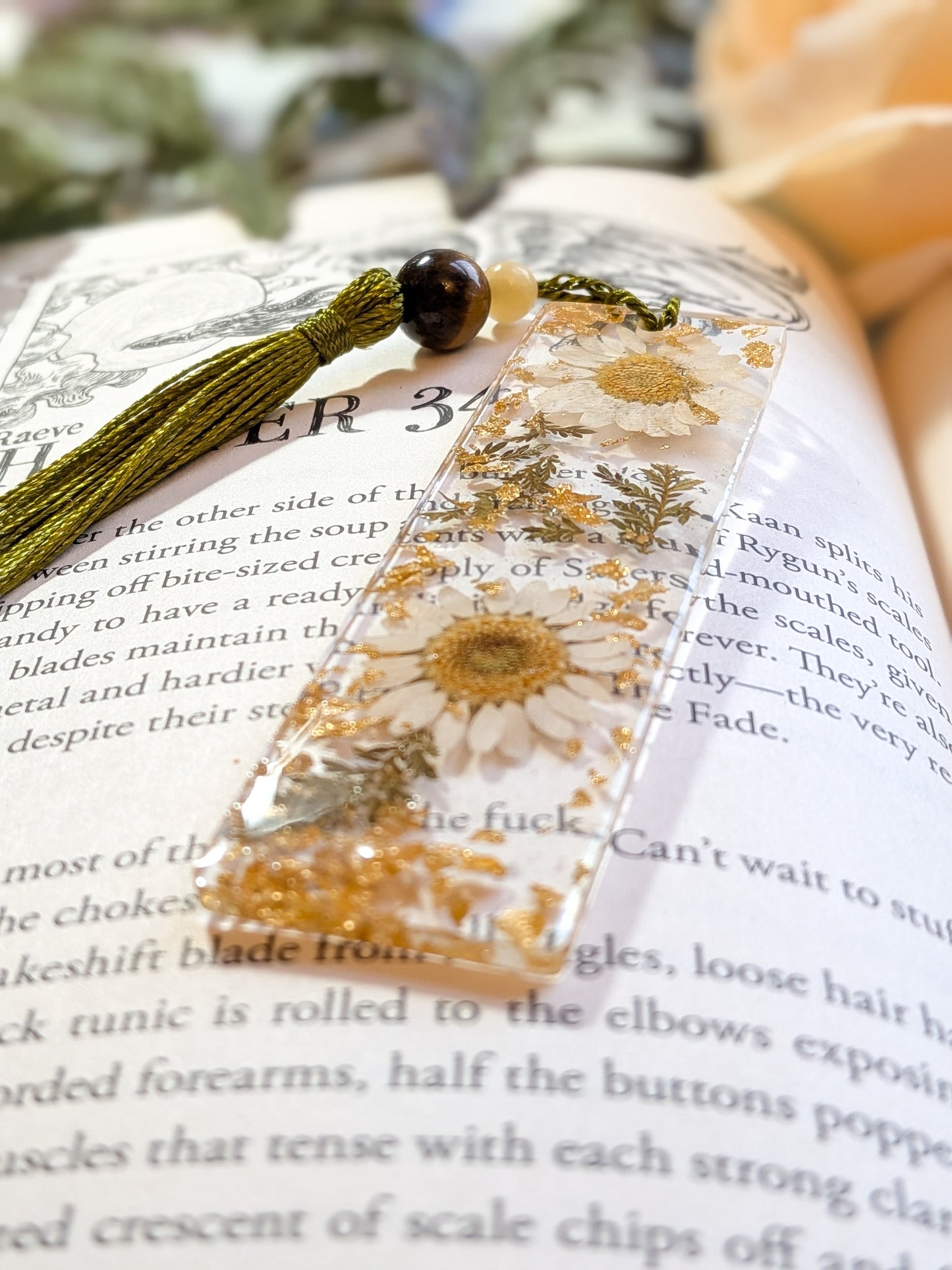 Green and Gold Floral Bookmark with Tiger-eye and Yellow Jade
