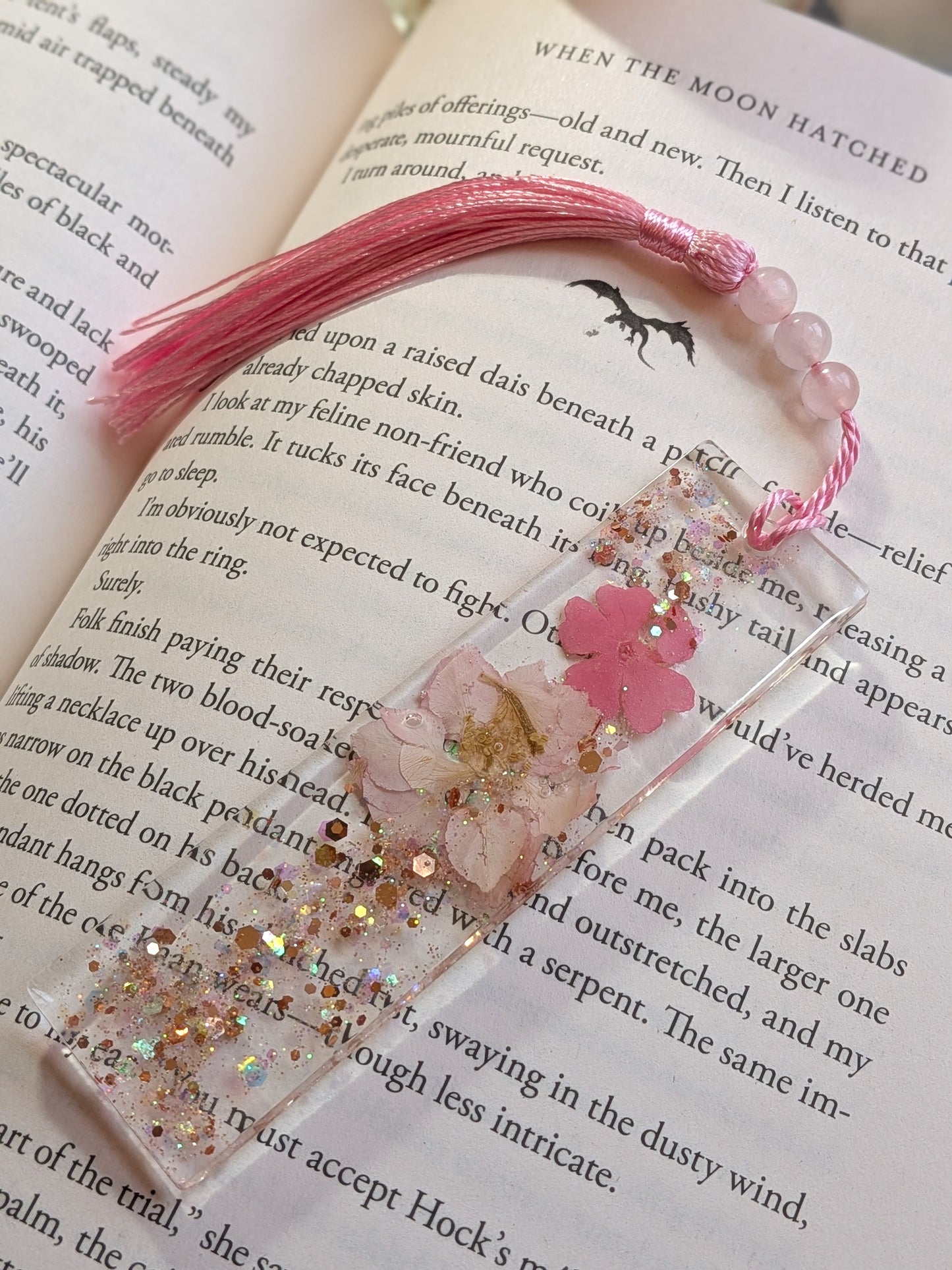 Pink Floral Bookmark with Rose Quartz Beads