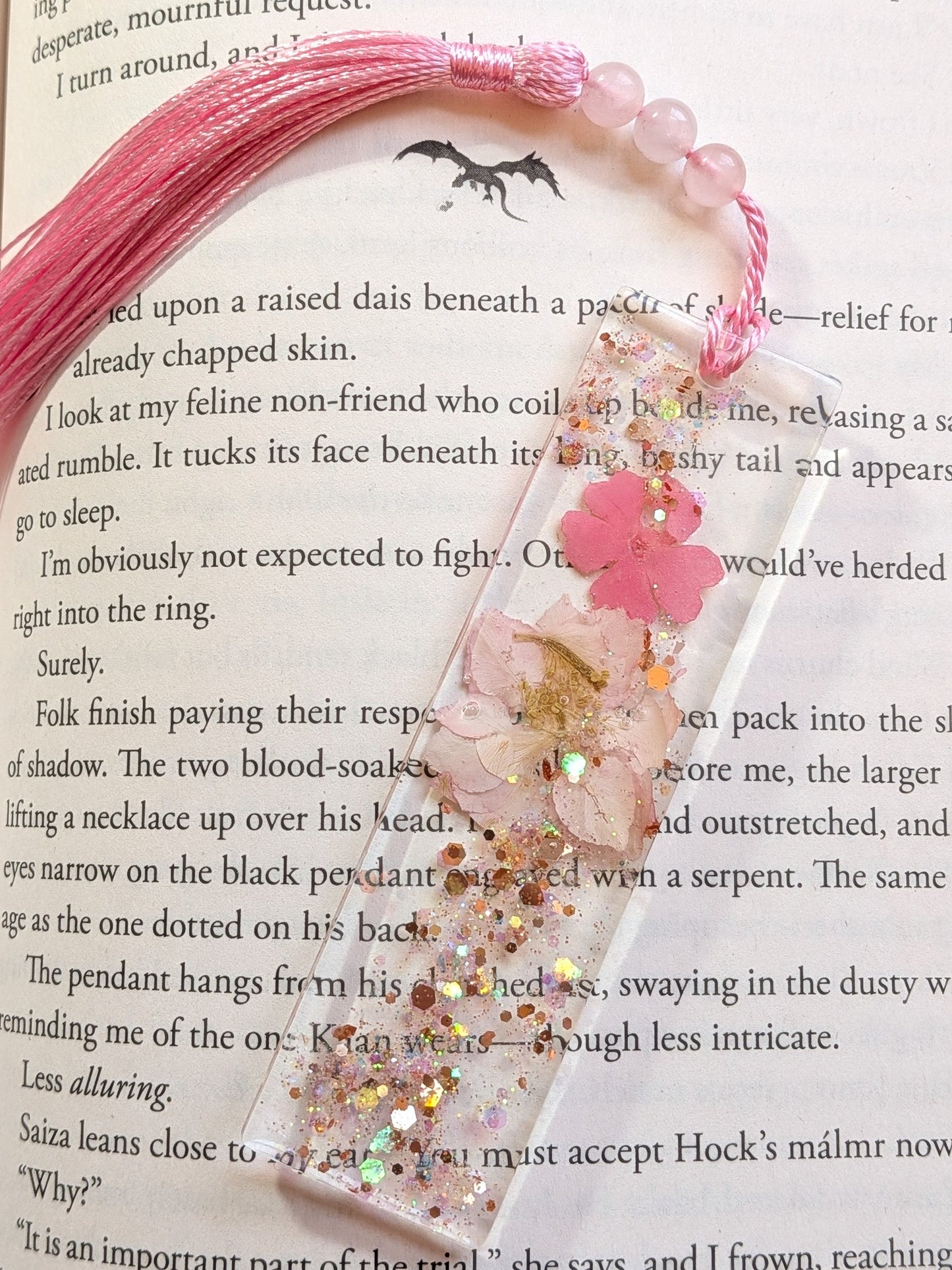 Pink Floral Bookmark with Rose Quartz Beads