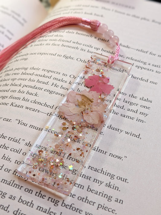 Pink Floral Bookmark with Rose Quartz Beads