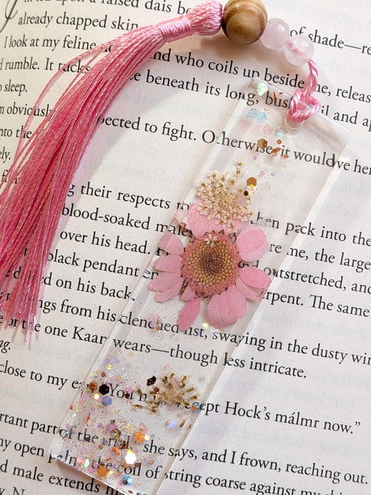 Pink Floral Bookmark with Rose Quartz