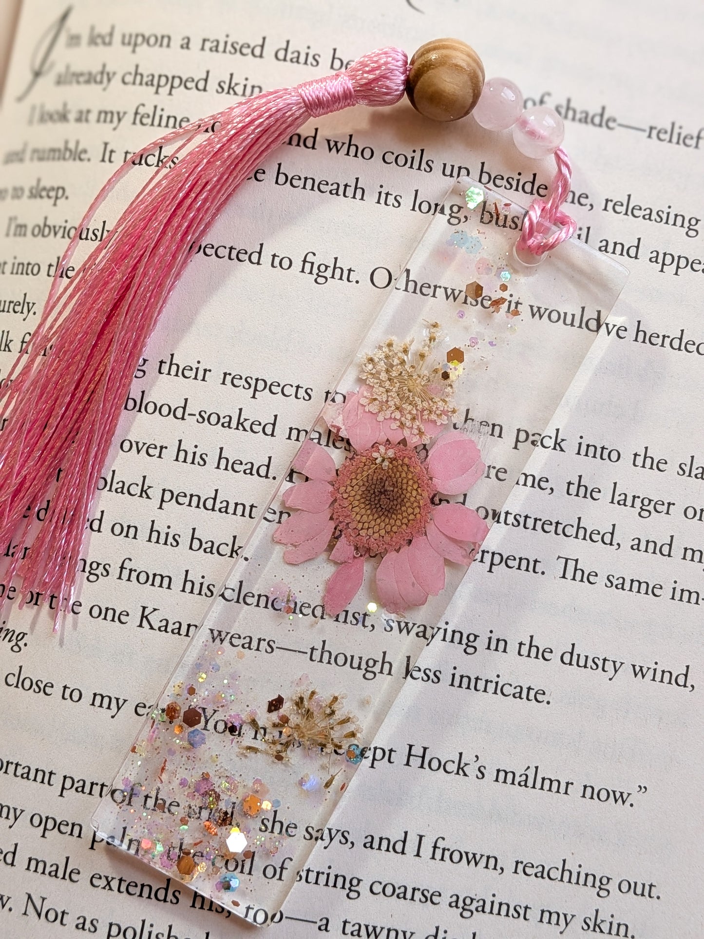 Pink Floral Bookmark with Rose Quartz