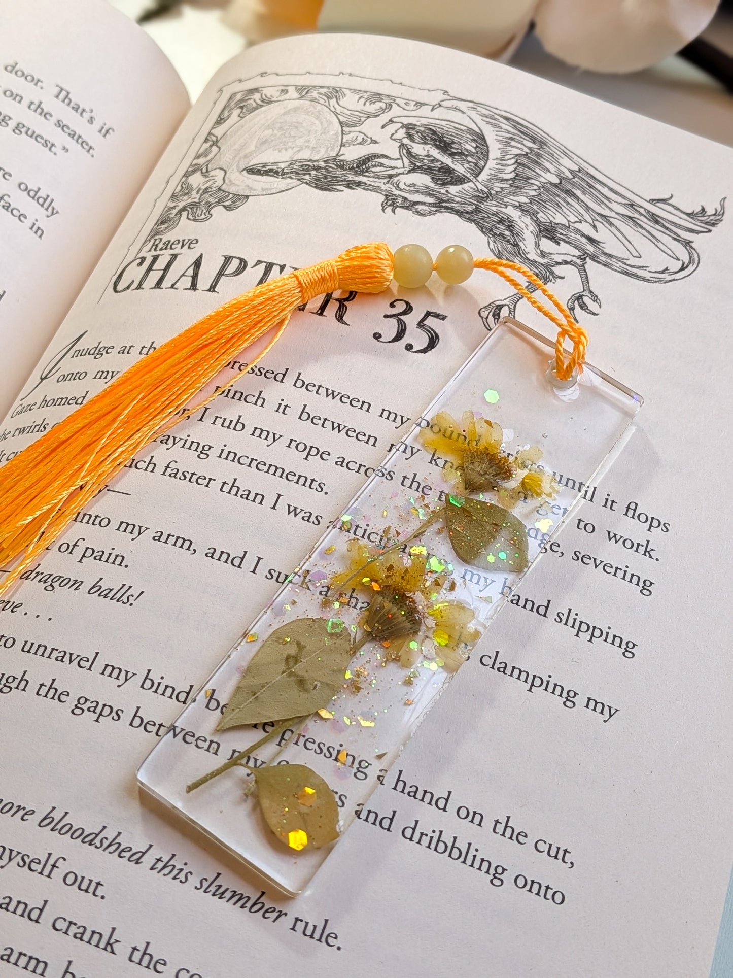 Orange Floral Bookmark with Serpentine Gemstone