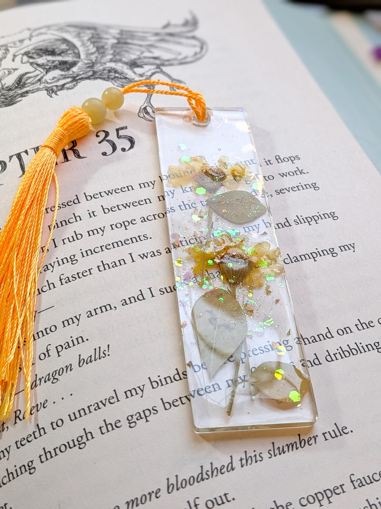 Orange Floral Bookmark with Serpentine Gemstone