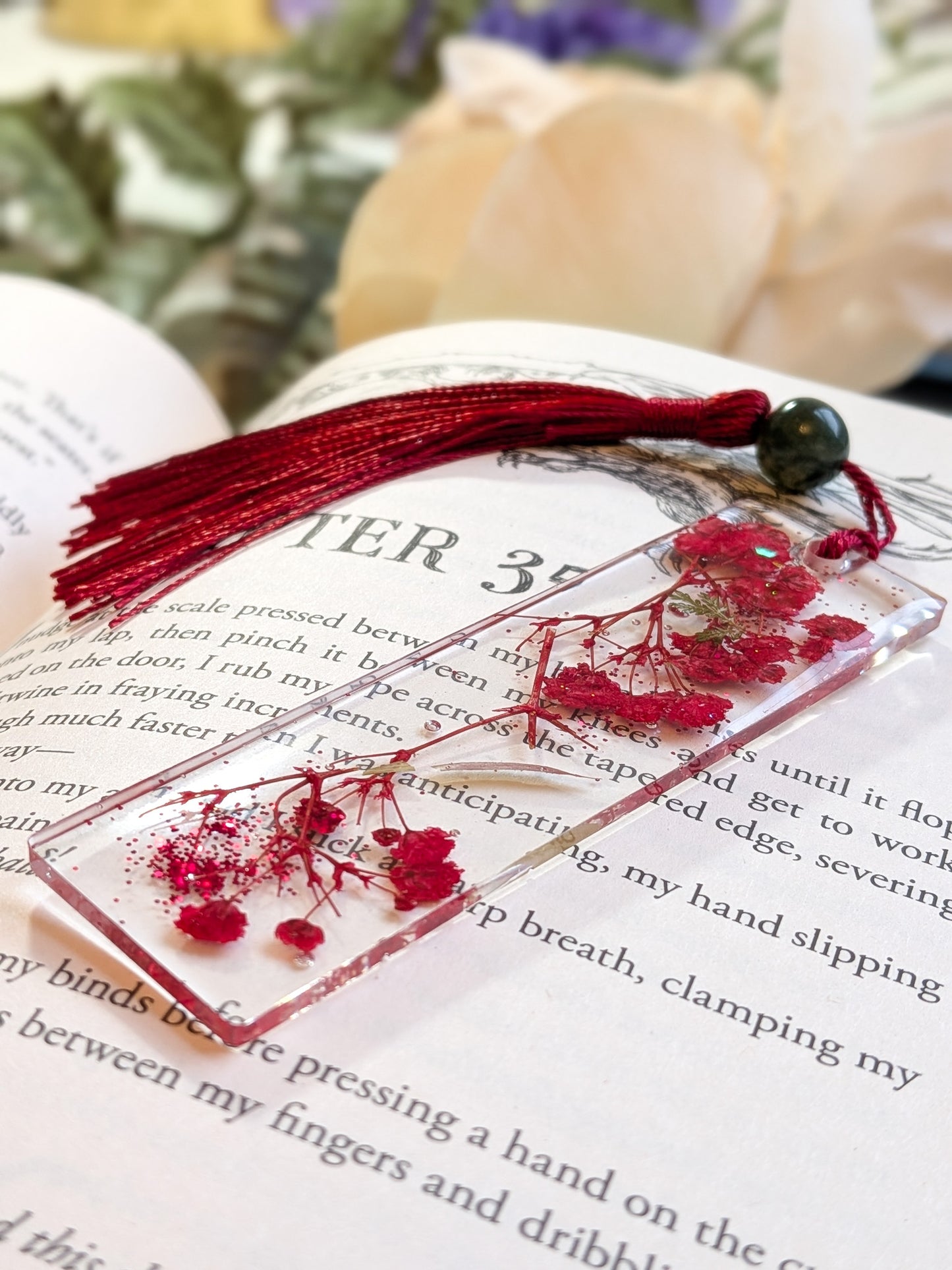 Red Floral Bookmark with Jasper