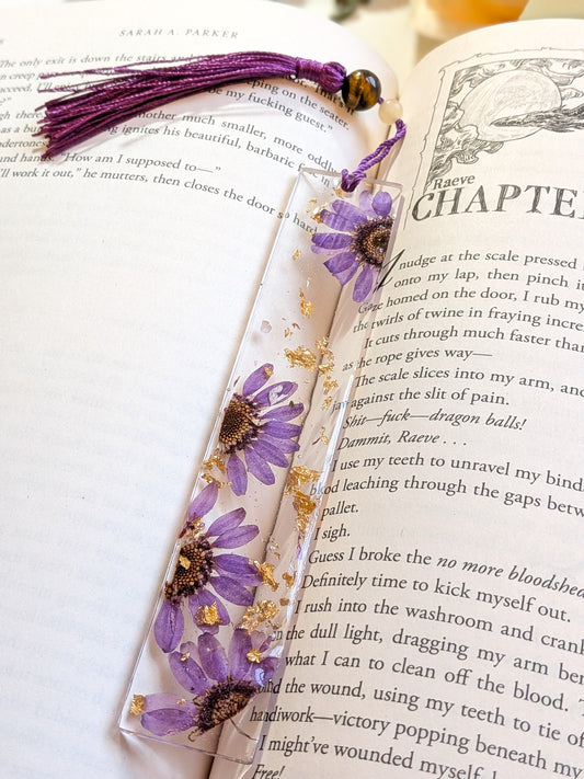 Purple and Gold Floral Bookmark with Tigers Eye and Jade