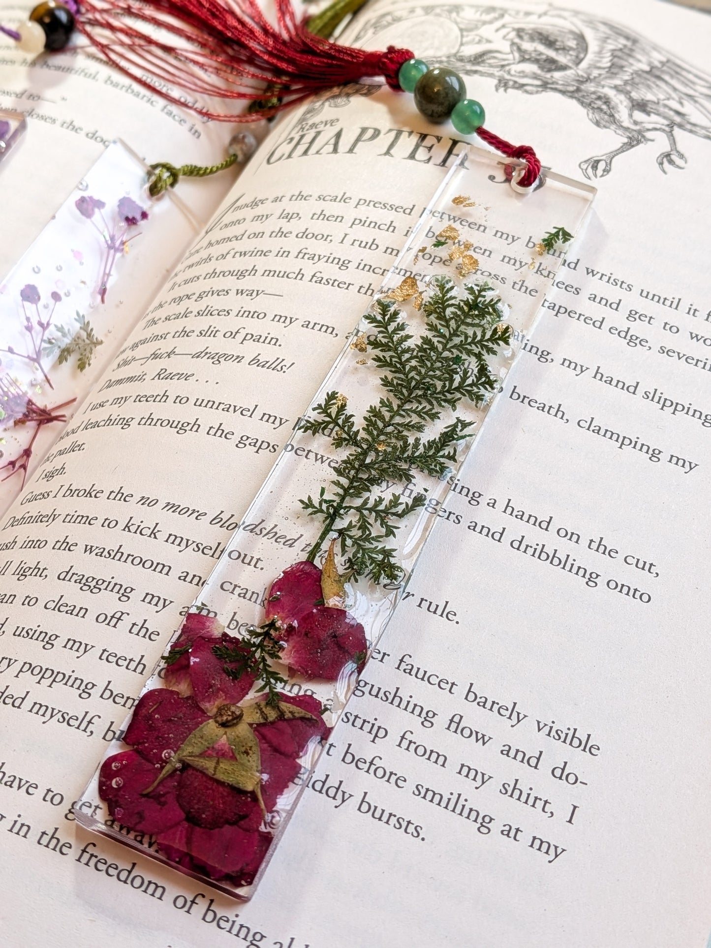 Red and Green Botanical Bookmark with Aventurine and Jasper Gemstones