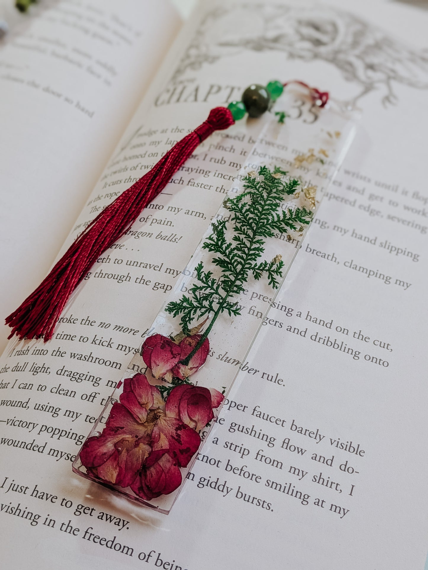 Red and Green Botanical Bookmark with Aventurine and Jasper Gemstones