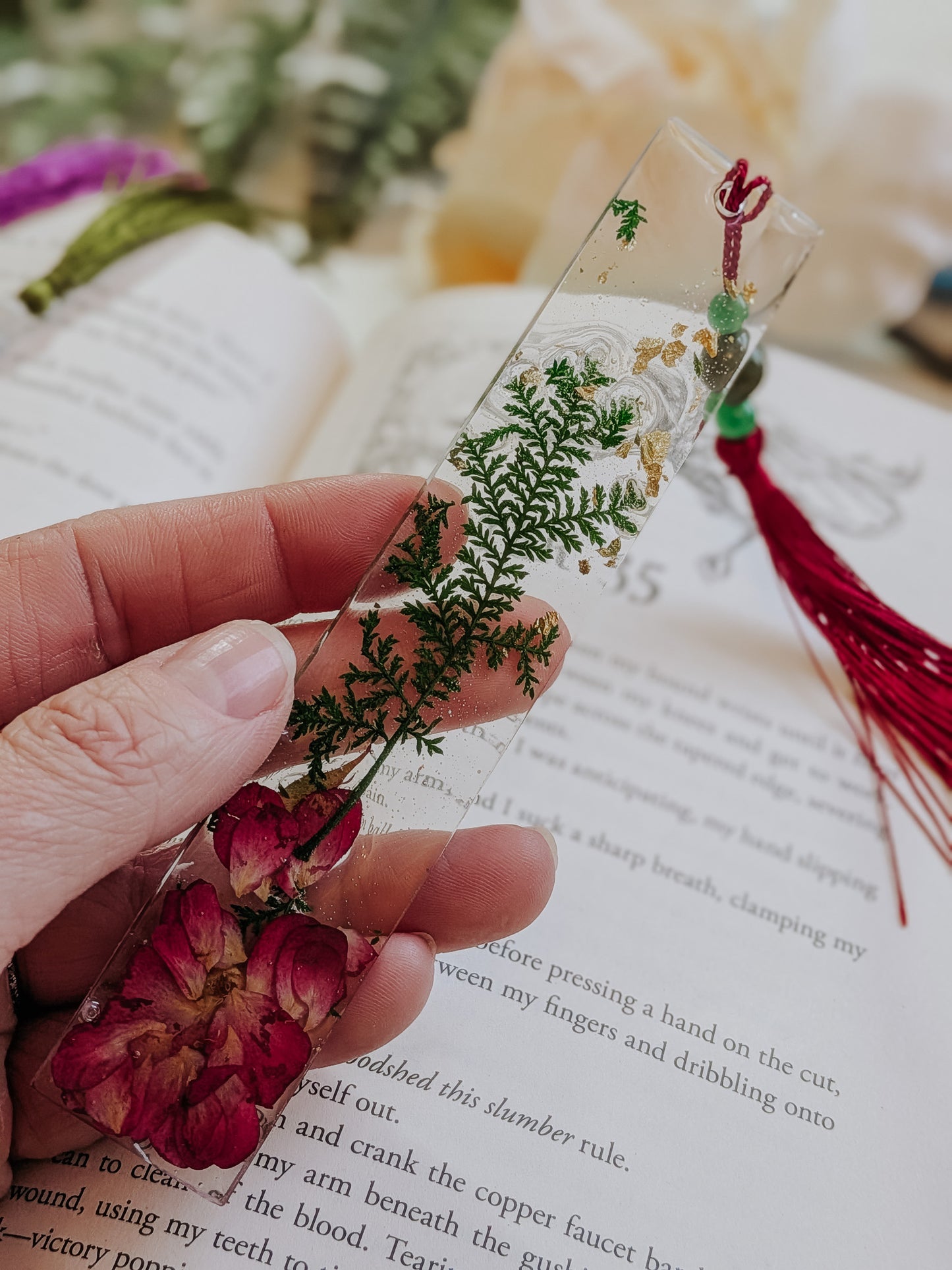 Red and Green Botanical Bookmark with Aventurine and Jasper Gemstones