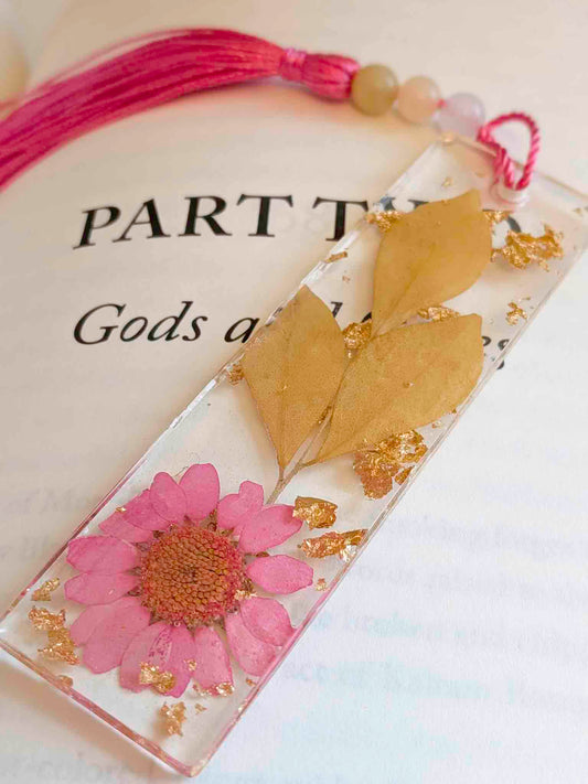 Pink & Gold Botanical Bookmark with Quartz, Rose Quartz & Yellow Jade